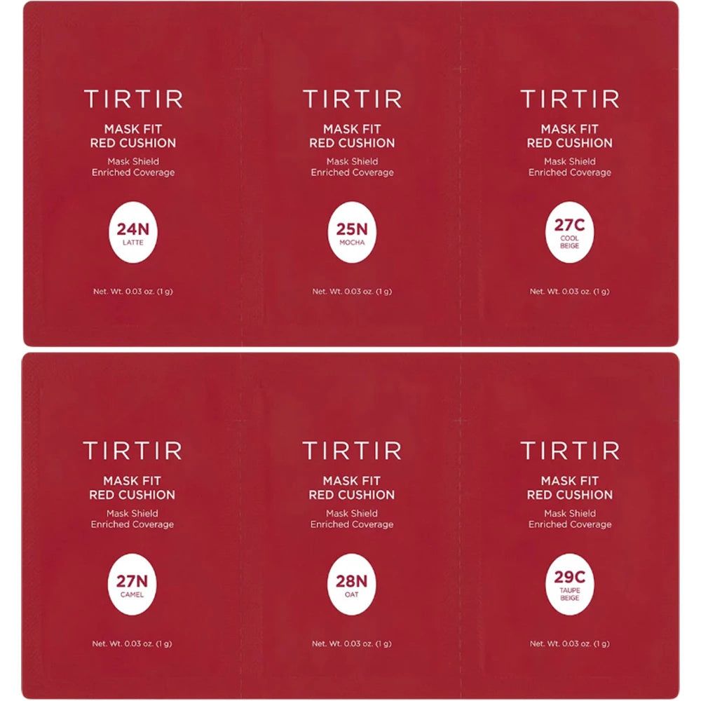 Sechs rote Einzelverpackungen. Auf jeder steht: TIRTIR, Mask Fit Red Cushion. Farbnuancen: 24N, 25N, 27C, 27N, 28N, 29C. Nettoinhalt 0.03 oz (1g).