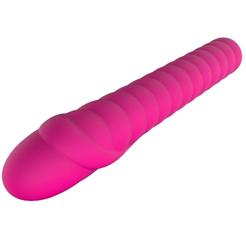 Pinkfarbener Vibrator mit geriffelter Oberfläche. Das Produkt hat eine abgerundete Spitze und eine längliche Form.