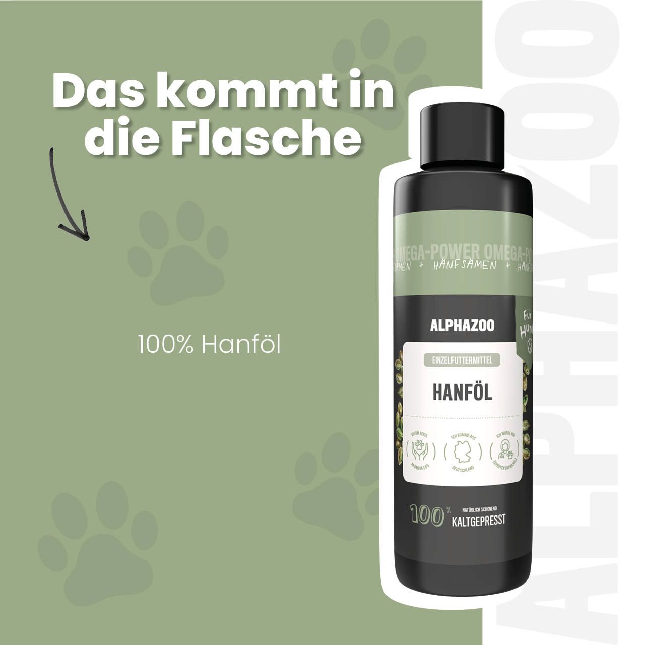 Flasche ALPHAZOO Hanföl. Text: Das kommt in die Flasche. 100% Hanföl. Pfoten-Illustrationen.