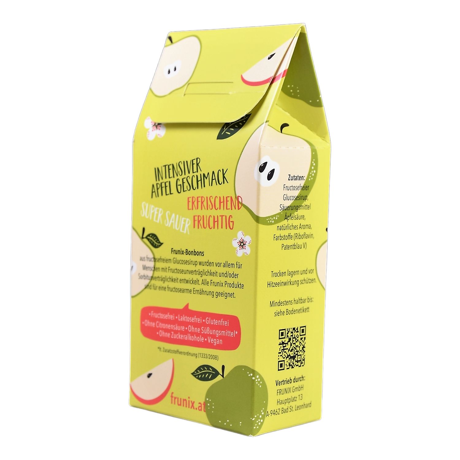 Rückseite der Frunix Bonbons Verpackung. Grün-gelbe Schachtel mit Apfel-Illustrationen und Text. Enthält Informationen über das Produkt.