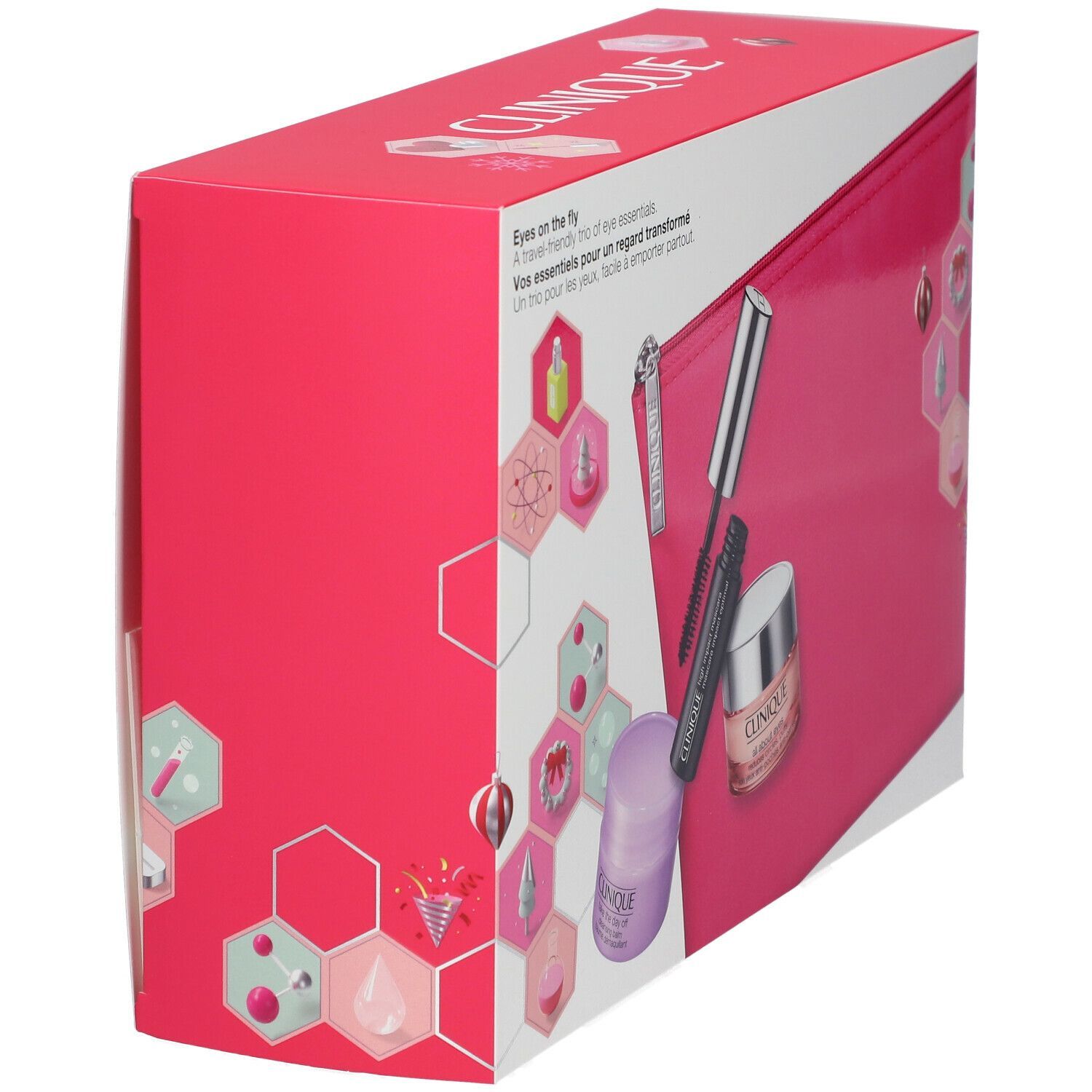 Geschenkset CLINIQUE Eyes on the fly. Rosa Verpackung mit Kosmetiktasche, Mascara, Augencreme und Augenpflege. Winkelansicht.