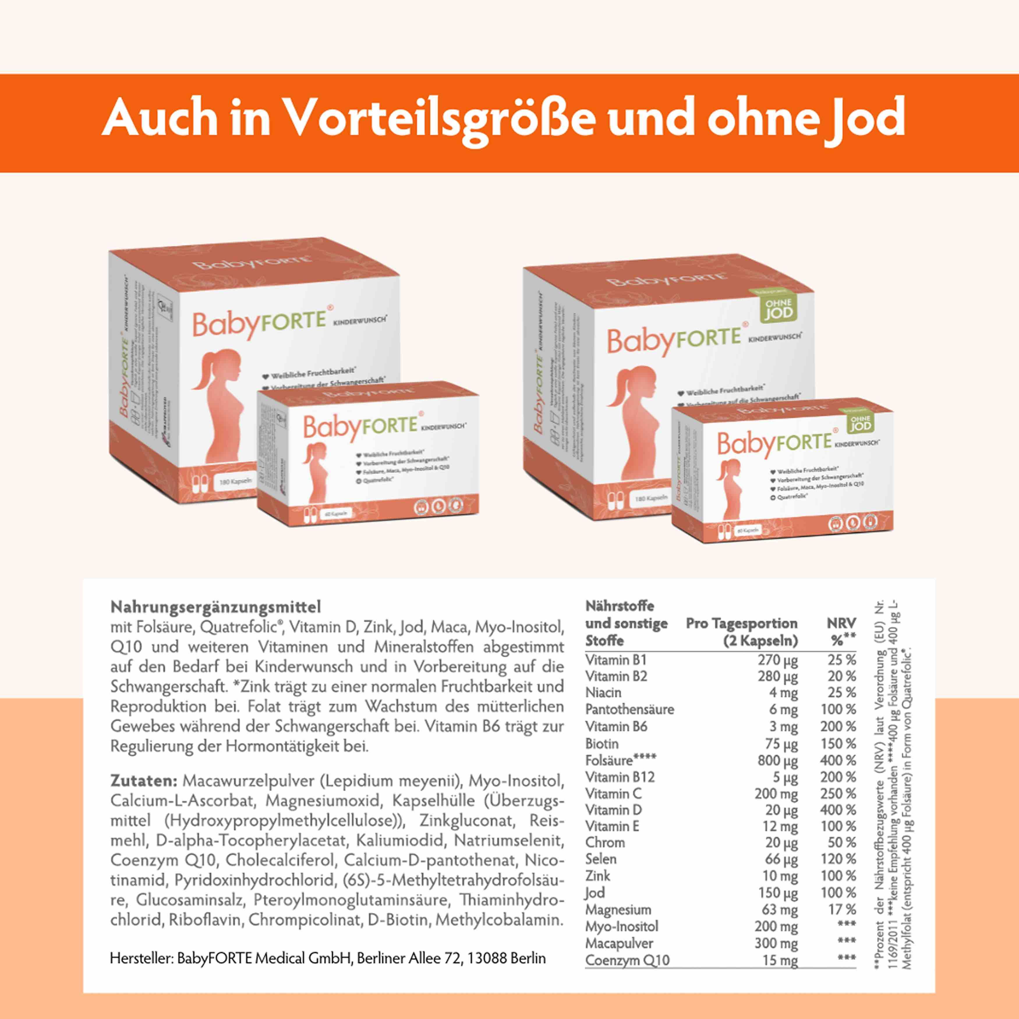 BabyFORTE Kinderwunsch Vitamine in verschiedenen Packungsgrößen. Text: Nahrungsergänzungsmittel, Inhaltsstoffe, Nährwerte. Ohne Jod.