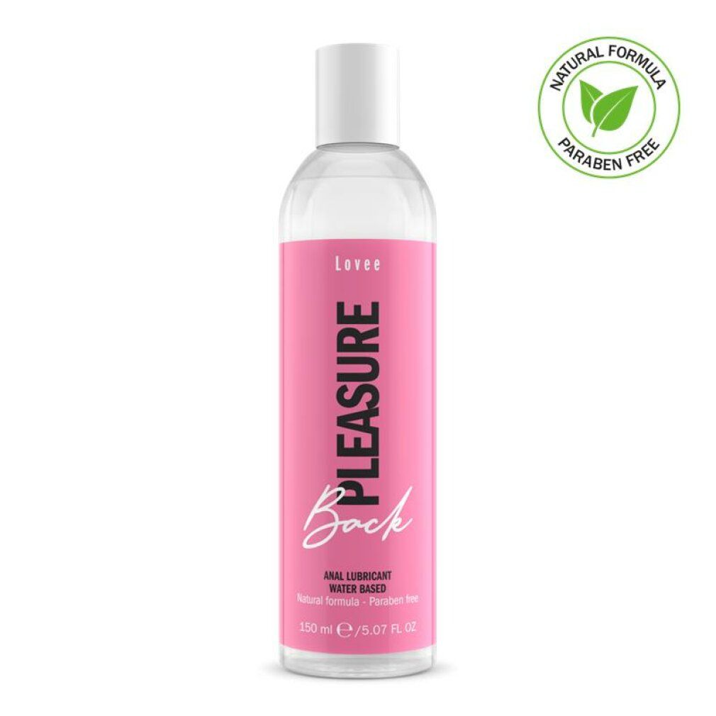 Transparente Flasche mit rosa Etikett. Aufschrift: PLEASURE Back. Anal Gleitmittel, wasserbasiert. 150 ml. Naturformel, parabenfrei.