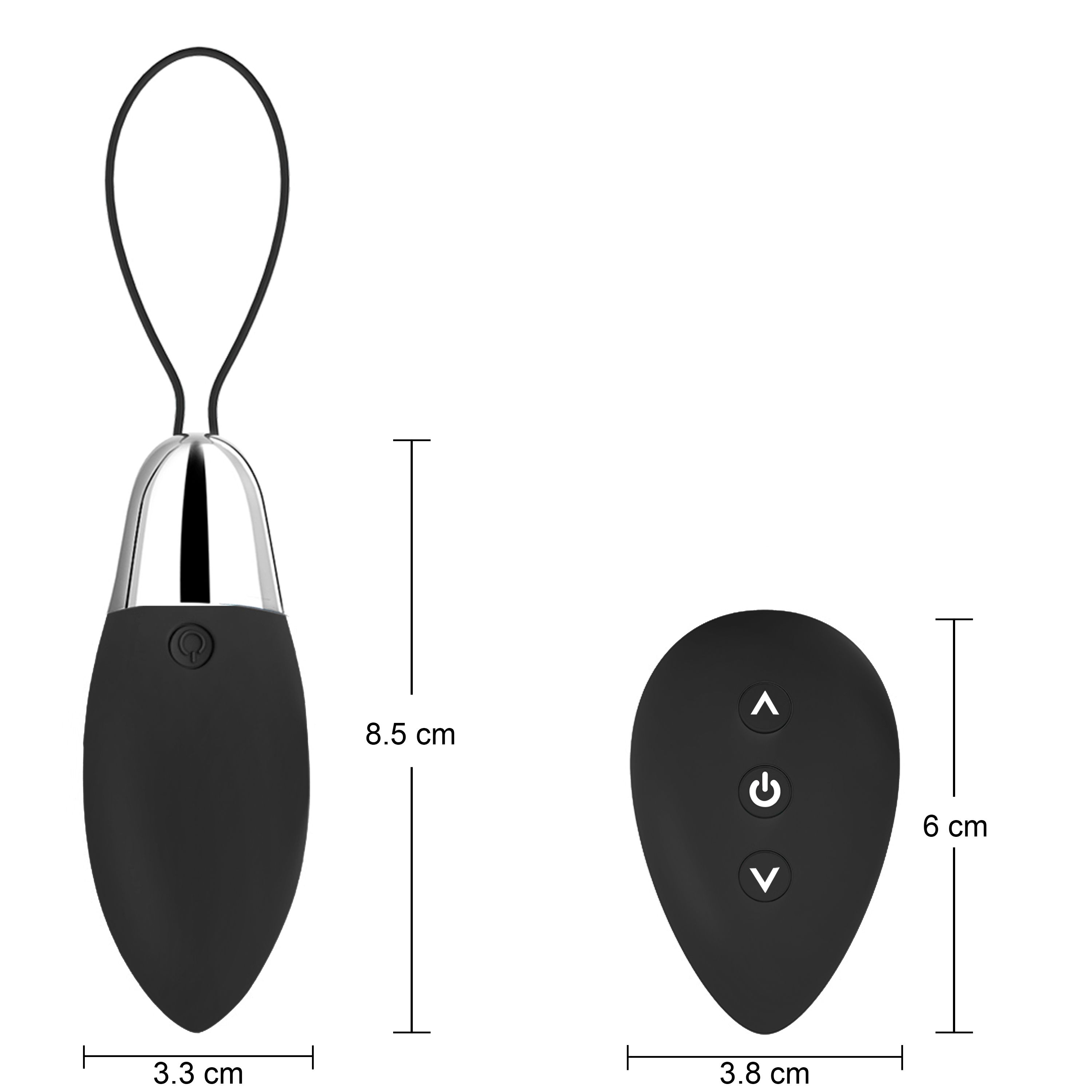 Schwarzes, ovales Produkt mit silbernem Kopf, Schlaufe und separater Fernbedienung. Maße: 8,5 cm, 3,3 cm, 6 cm, 3,8 cm. Ein/Aus-Taste.