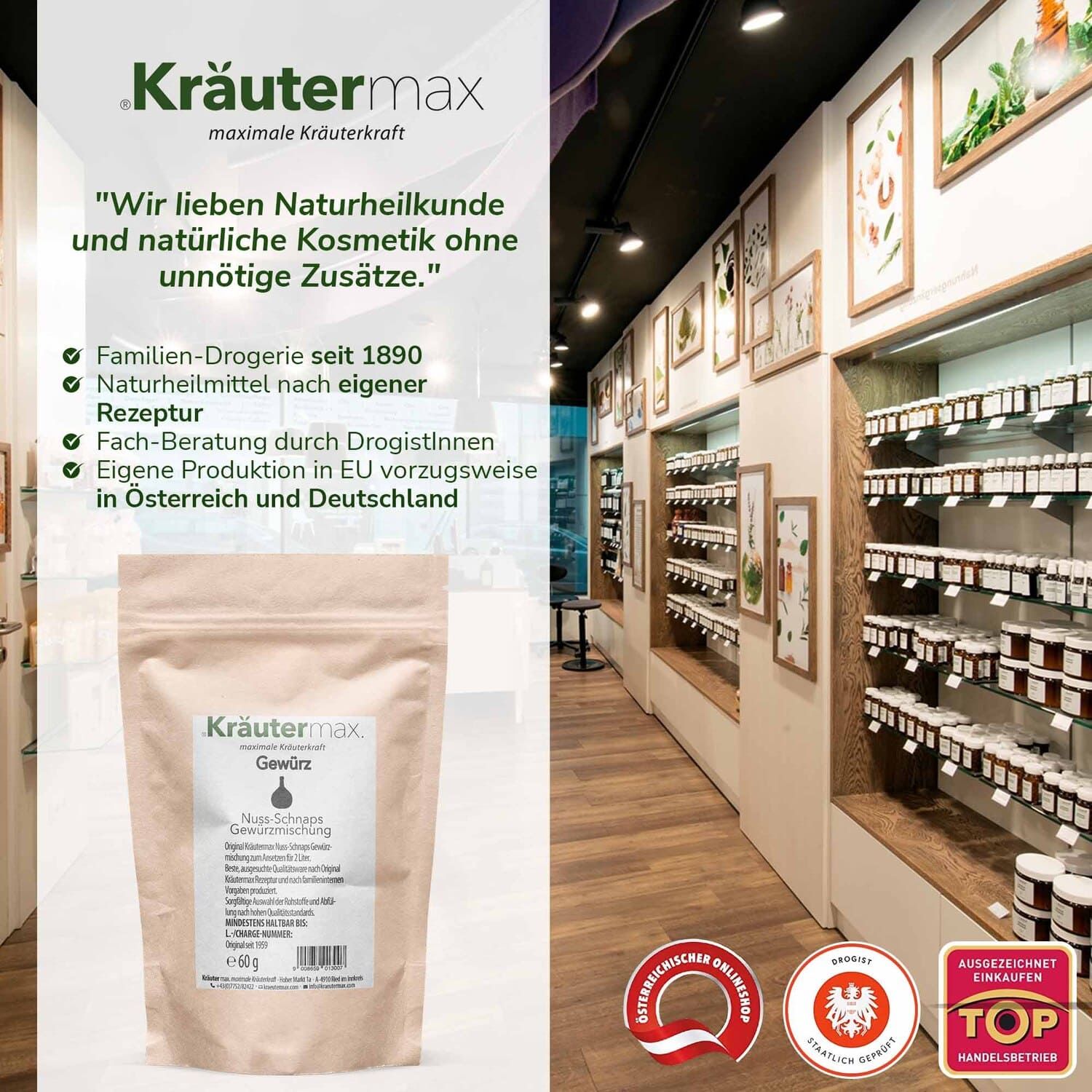 Kräutermax Gewürz, Nuss-Schnaps Gewürzmischung. In einer Apotheke. Zitat: Naturheilkunde und natürliche Kosmetik ohne unnötige Zusätze.