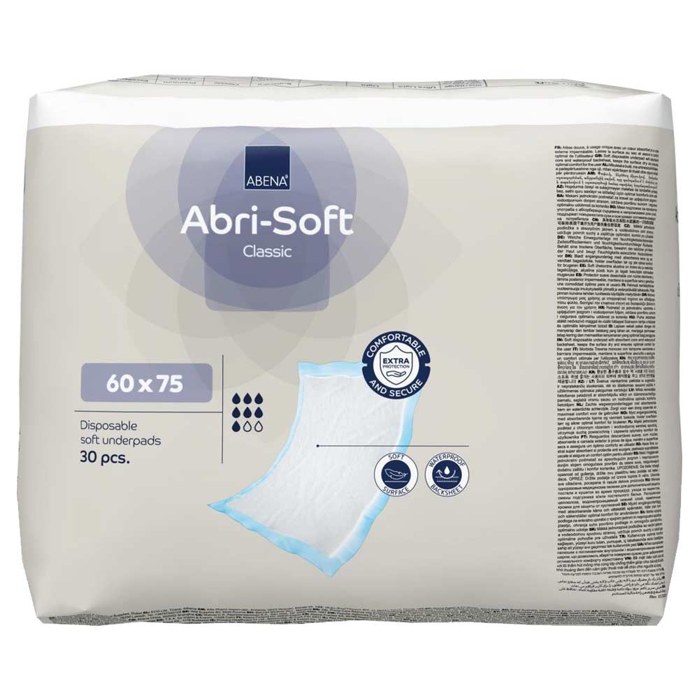 Abena Abri-Soft Classic. Verpackung. Größe 60x75 cm. Weiche, hygienische Oberfläche. Wasserdichte Rückseite. 30 Stück. Zertifizierungen.
