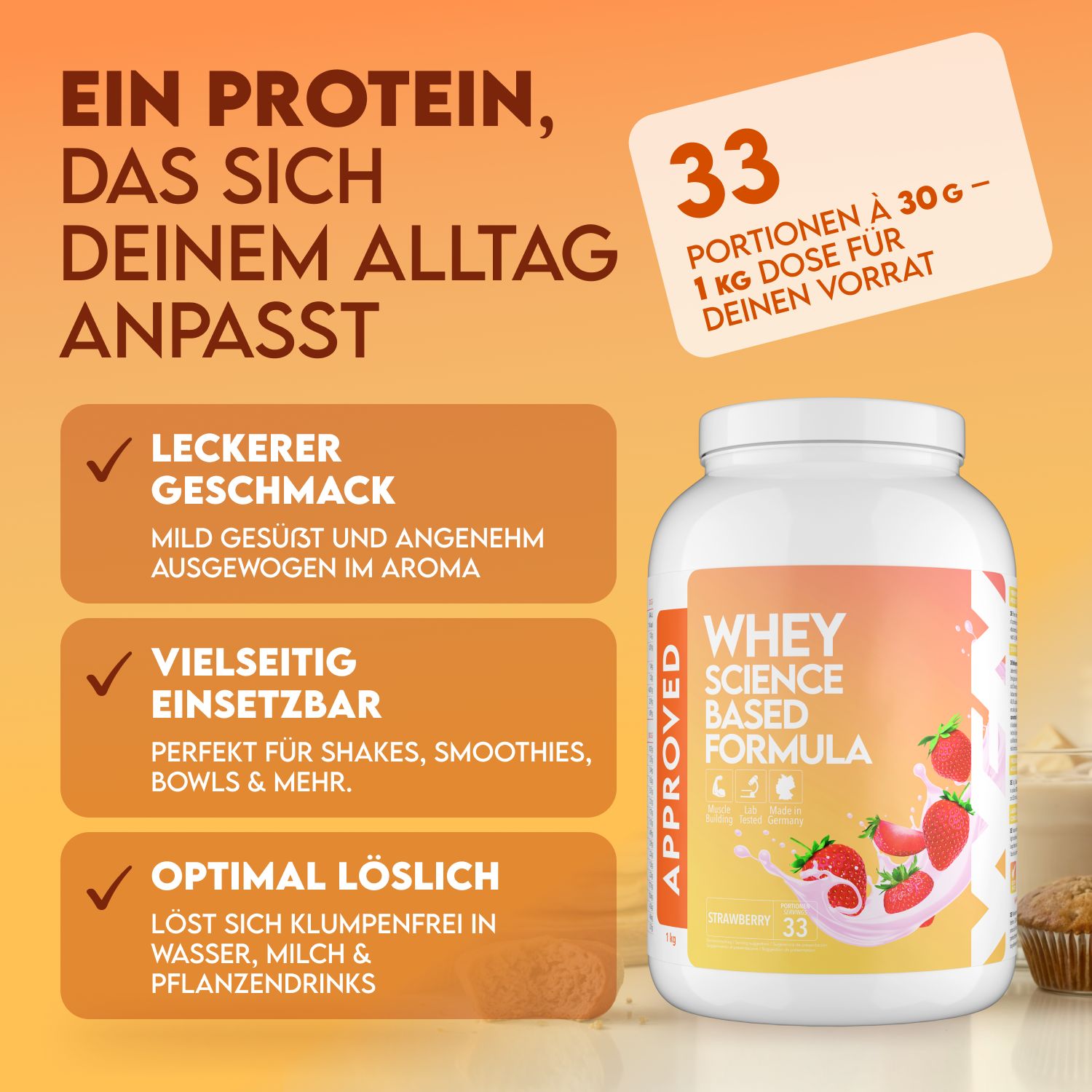 Weißes Whey-Proteinpulver-Behälter. Aufschrift: WHEY, SCIENCE BASED FORMULA. Erdbeer-Abbildung. 33 Portionen à 30g.