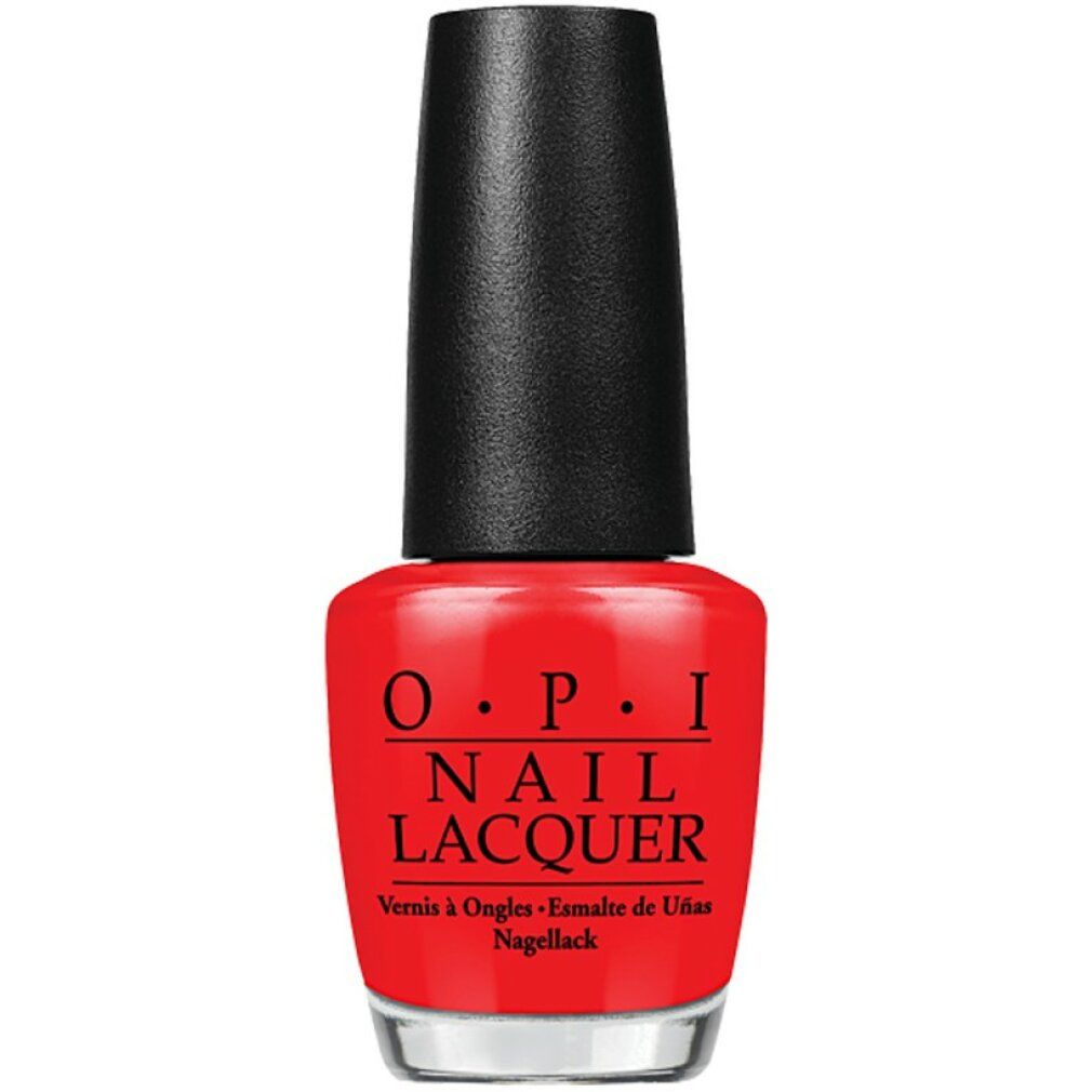 Rote Nagellackflasche mit schwarzem Deckel. OPI Nail Lacquer Schriftzug. Produktname und Volumenangabe.