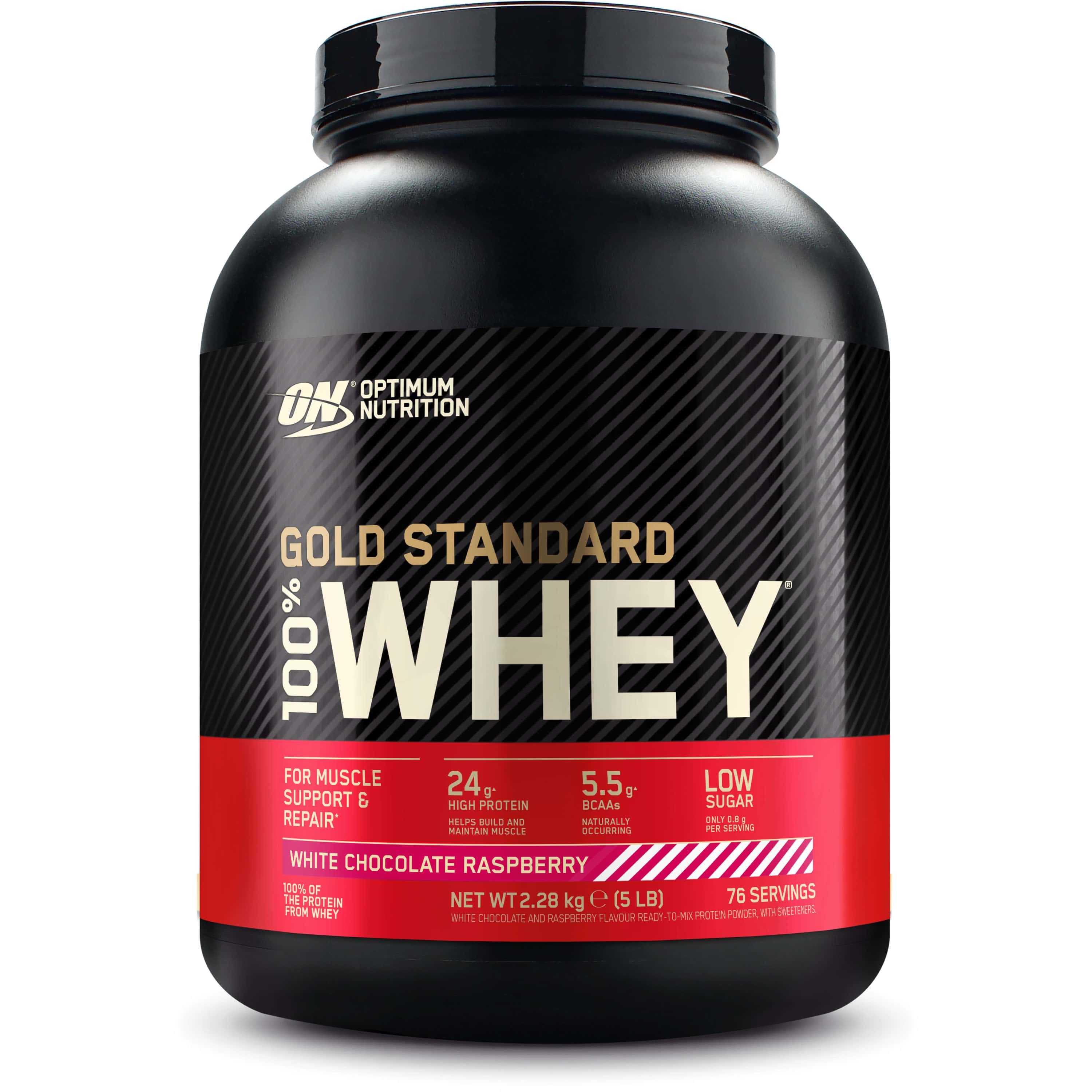 Schwarzer Behälter mit ON Gold Standard Whey. Roter Streifen mit Text. 76 Portionen, 2,28 kg. Geschmack: White Chocolate Raspberry.