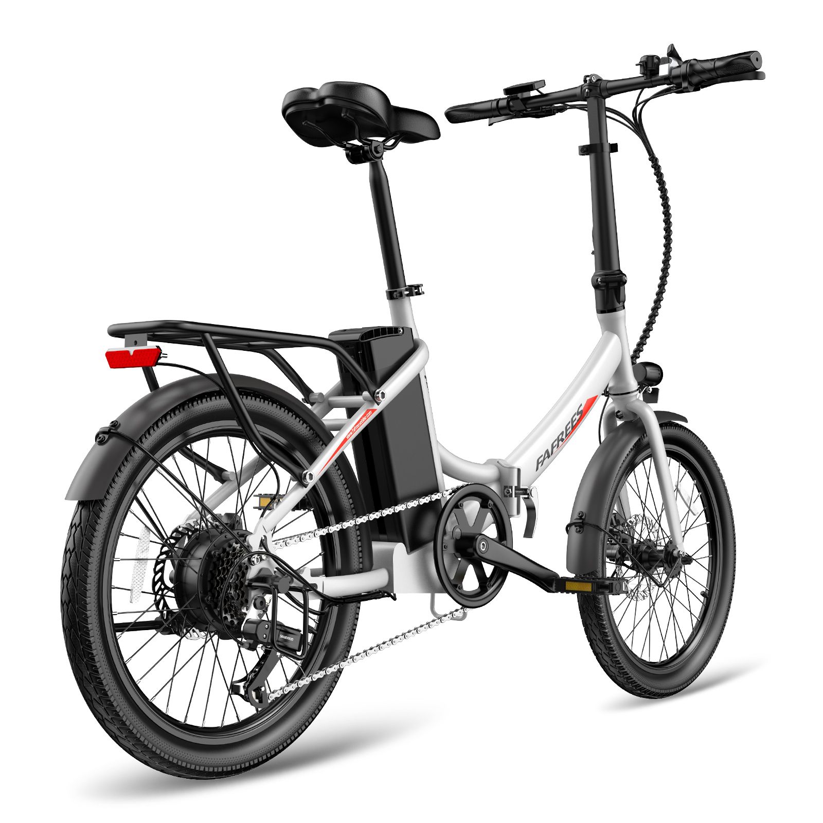Silbernes Fafrees F20Light E-Bike mit schwarzem Sattel, Reifen und Gepäckträger. Rücklicht sichtbar.