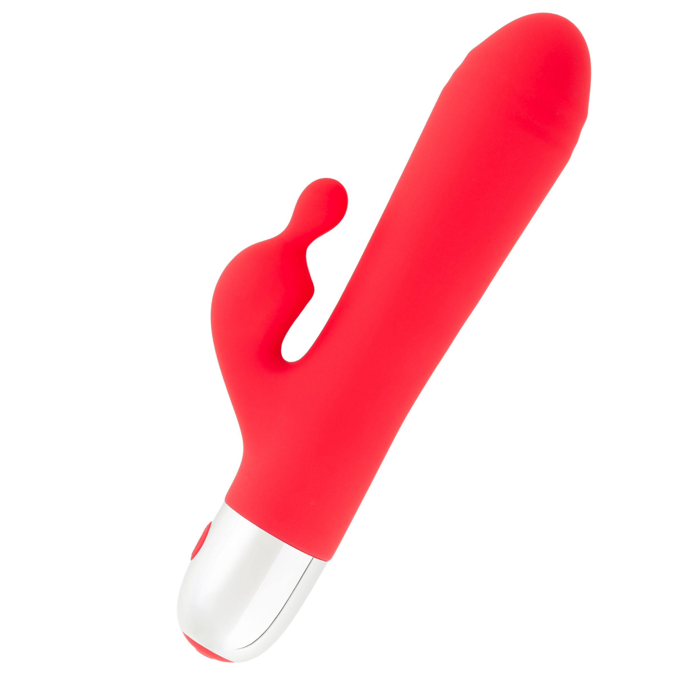 Roter Vibrator mit silbernem Sockel und Bedienknopf. Gebogene Form mit seitlichem Element.