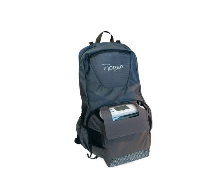 Grauer Inogen Rucksack mit Fach für Sauerstoffkonzentrator.