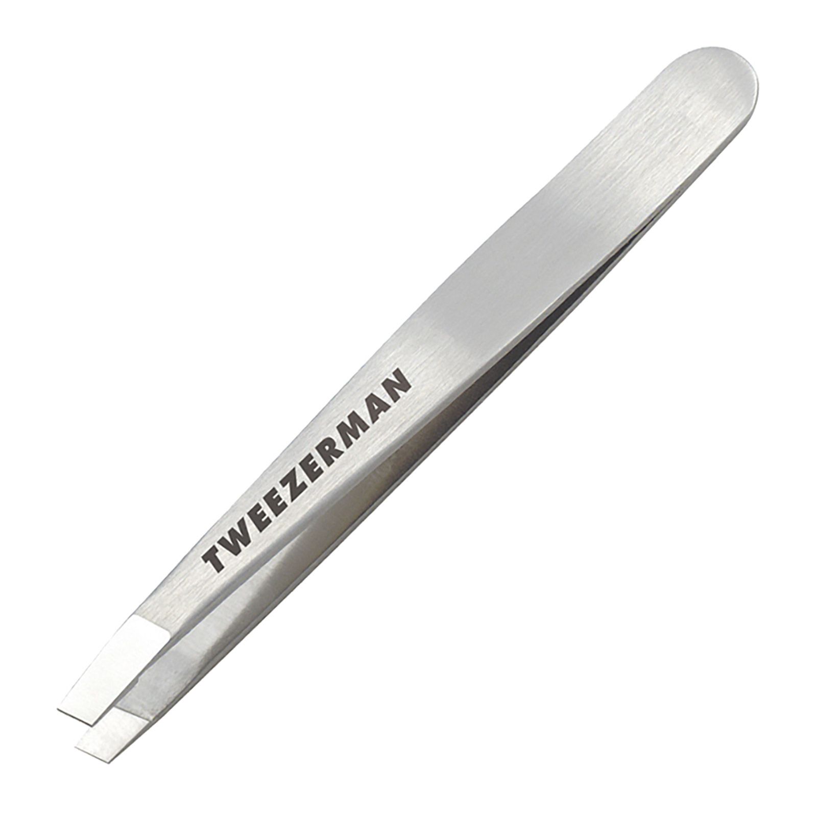 Tweezerman Mini Slant Tweezer aus Edelstahl mit abgeschrägten Spitzen.