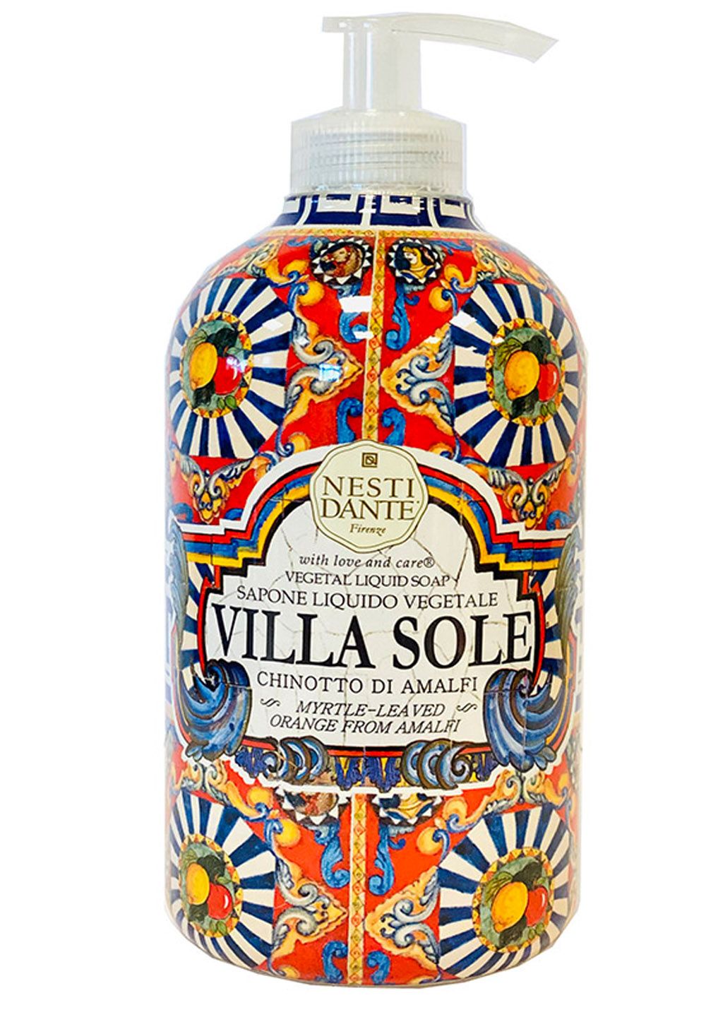 Flüssigseife in dekorativer Flasche mit Pumpverschluss. Aufschrift: Villa Sole, Chinotto di Amalfi, Nesti Dante.