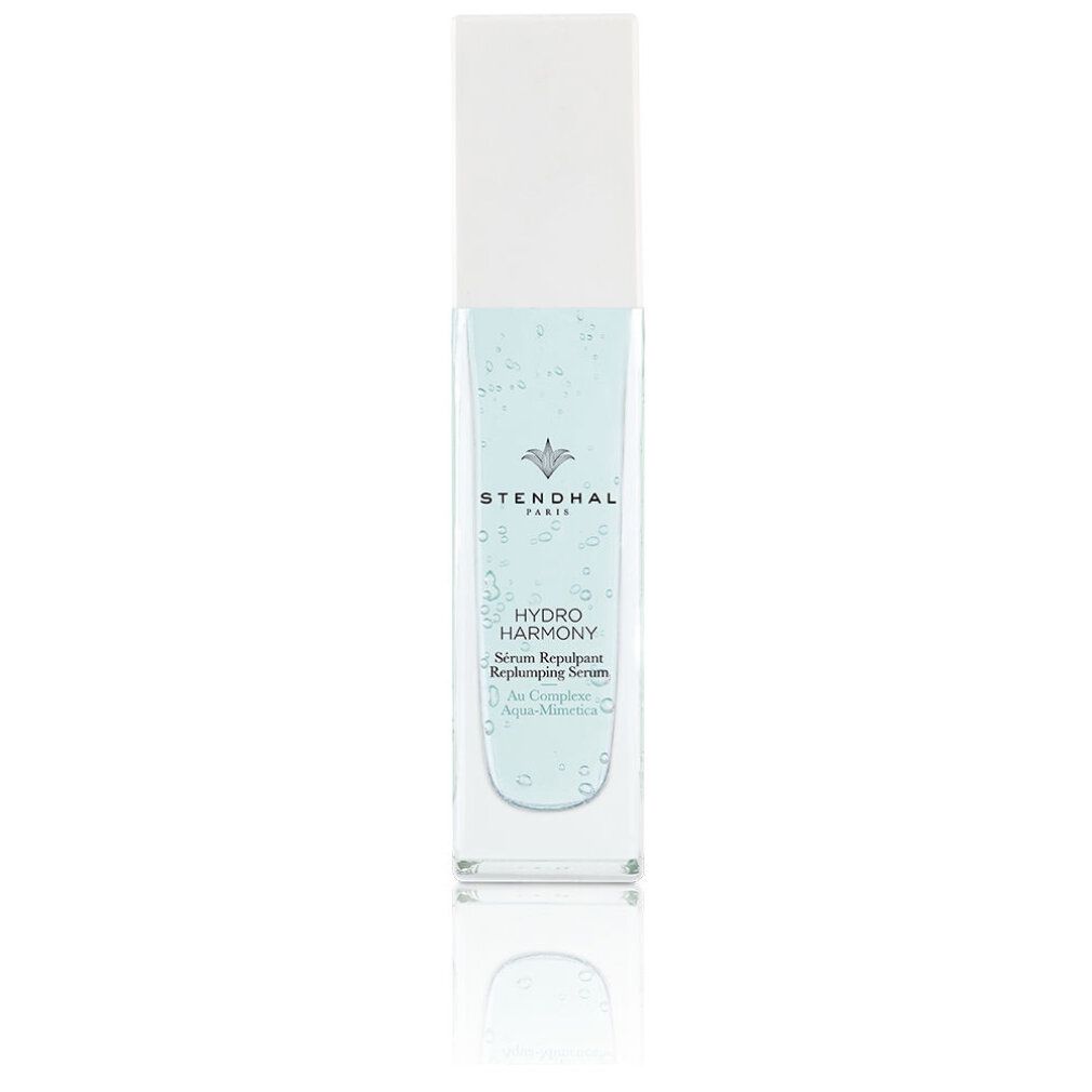 Klarer, rechteckiger Flakon mit weißem Deckel. Aufschrift: Stendhal Paris, Hydro Harmony, Sérum Repulpant. Blaue Flüssigkeit sichtbar.