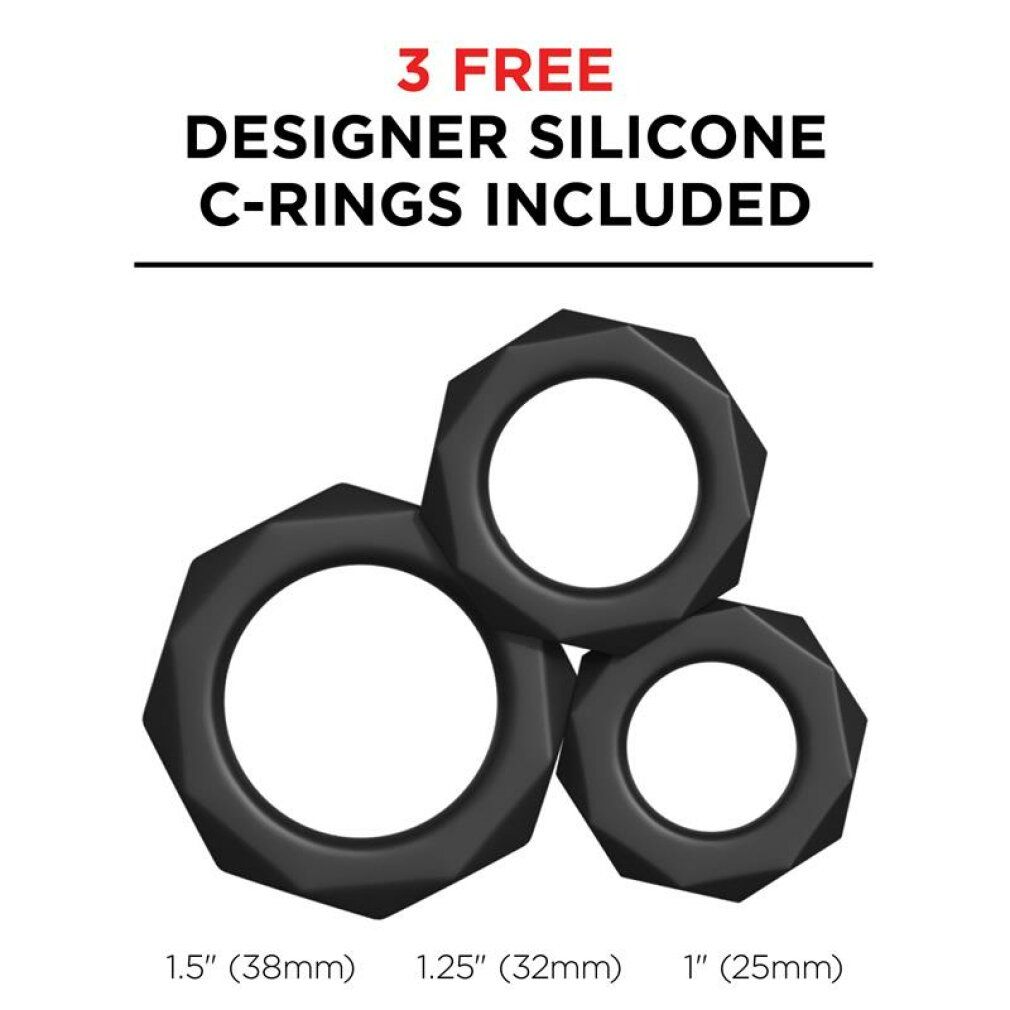 Drei schwarze Silikon-C-Ringe. Größen: 1.5" (38mm), 1.25" (32mm), 1" (25mm). Text: 3 FREE DESIGNER SILICONE C-RINGS INCLUDED.
