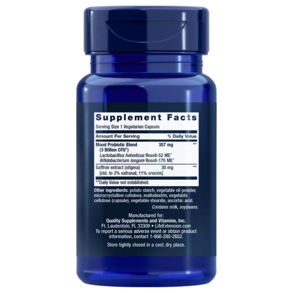 Rückseite der Life Extension Florassist Mood Improve Flasche mit Nährwertangaben und Inhaltsstoffen.