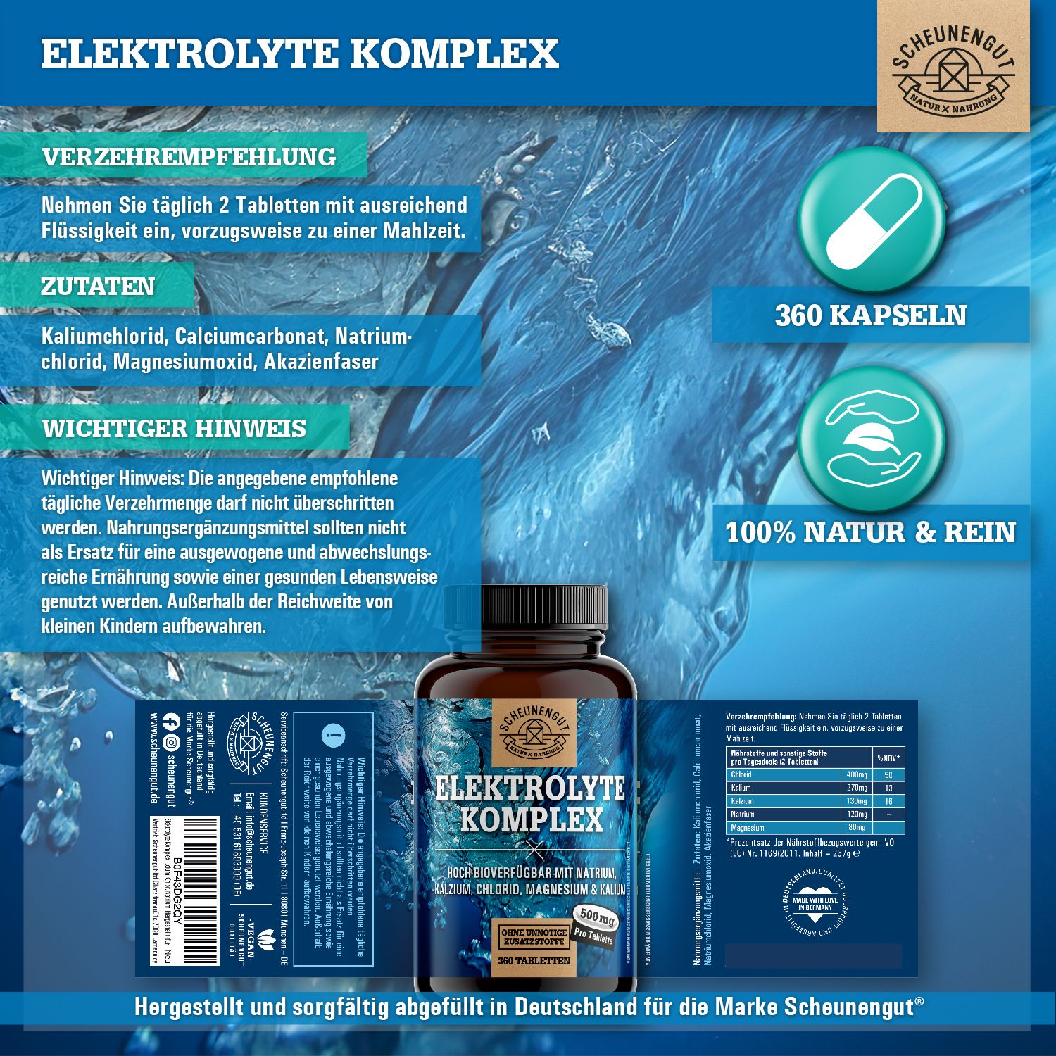 Flasche Elektrolyte Komplex. Rechts: 360 Kapseln, 100% Natur & Rein. Unten: Hergestellt in Deutschland.
