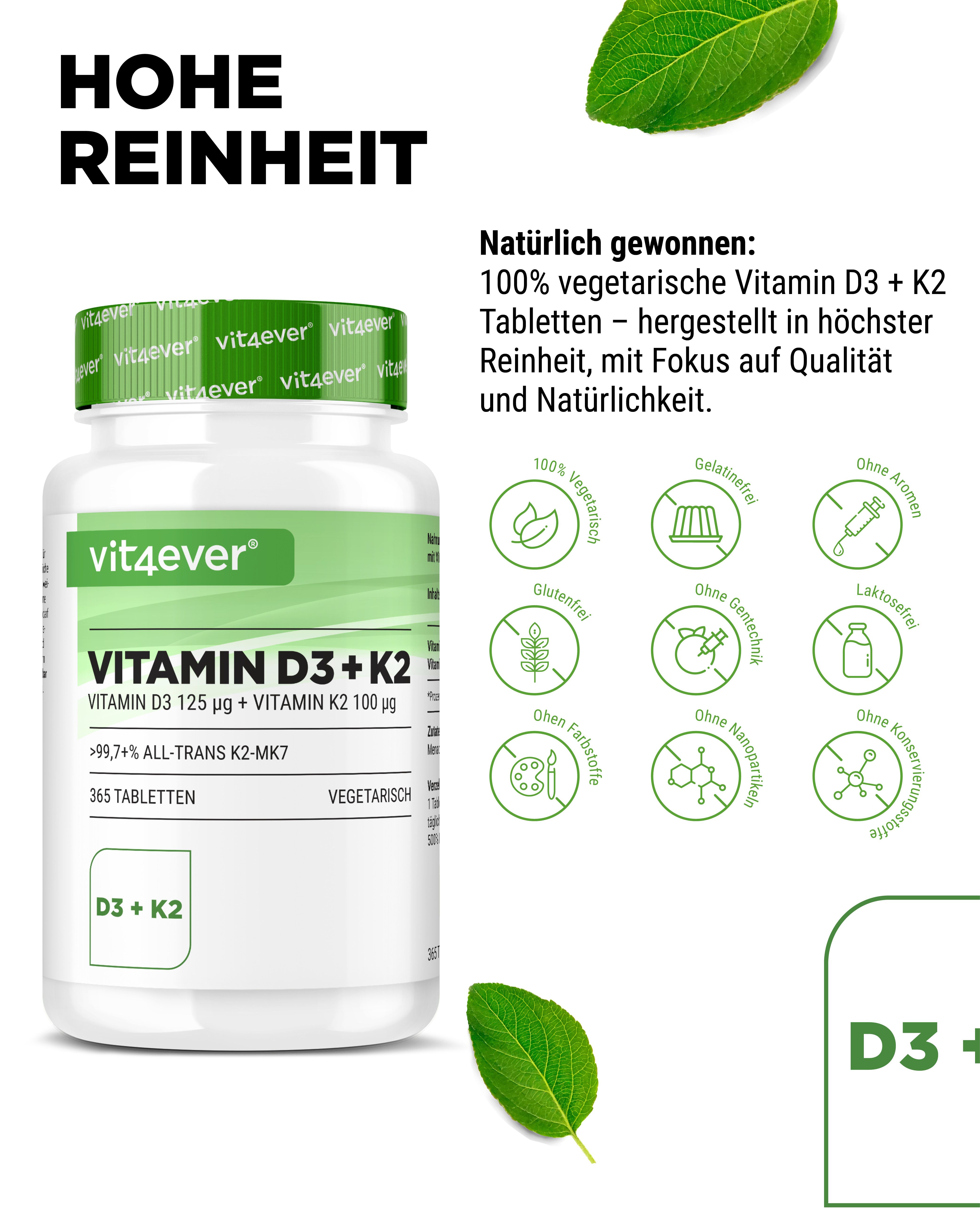 Produktflasche Vitamin D3 + K2, vit4ever, neben Symbolen und Text. Aufschrift: 365 Tabletten. Vegetarisch.