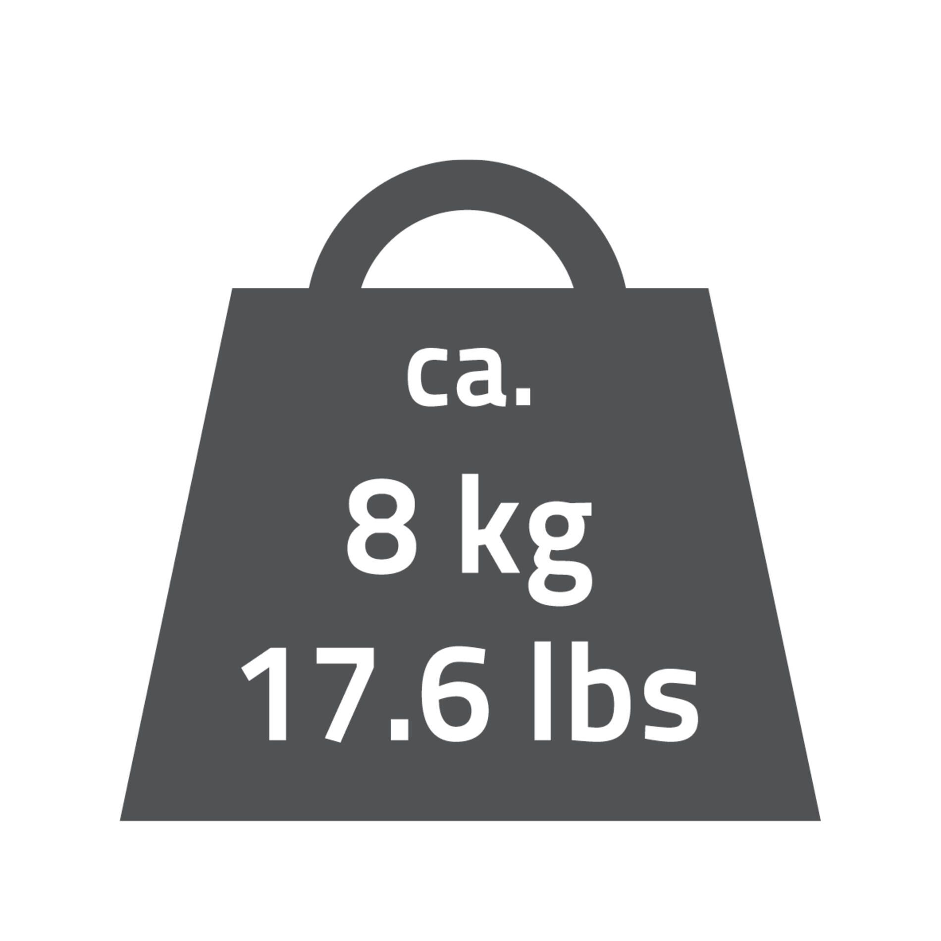 Graue Silhouette einer Tasche mit Text: ca. 8 kg / 17.6 lbs.
