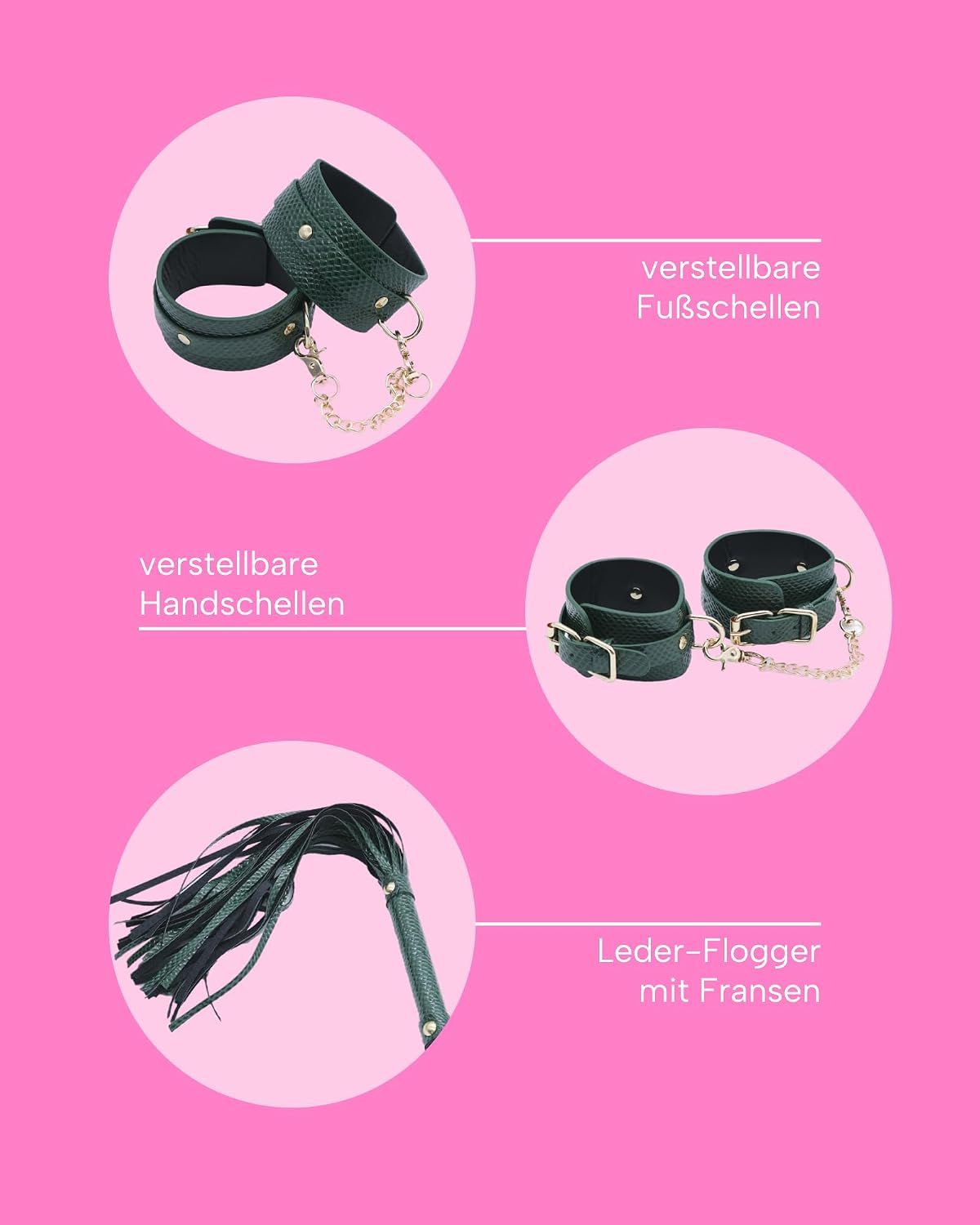 Grünes Set mit Manschetten, Fußfesseln, Augenmaske und Lederpeitsche.