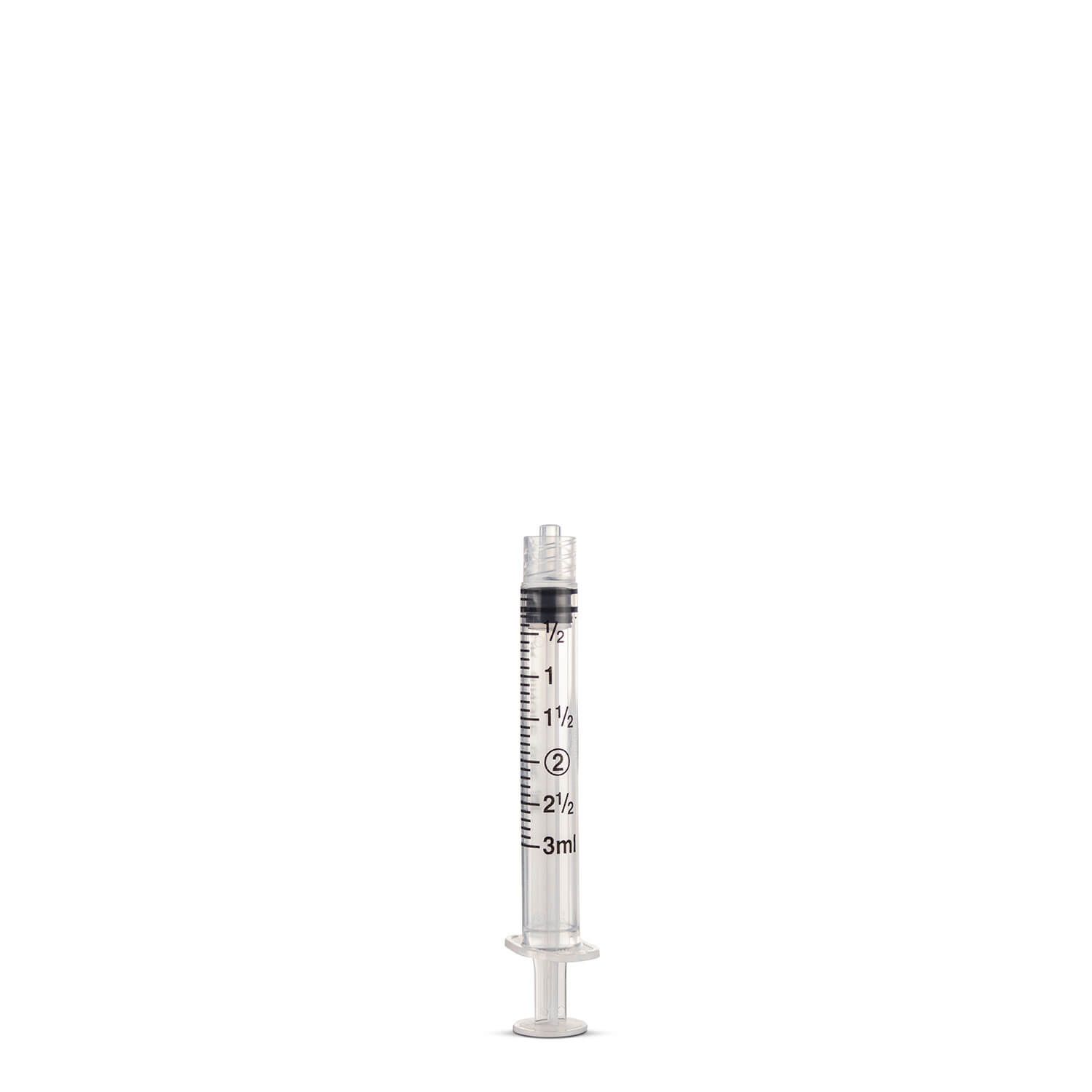 Transparente Einmalspritze mit schwarzem Kolben und Skala. Volumenmarkierungen bis 3 ml. Luer-Lock-Anschluss. Kunststoff.