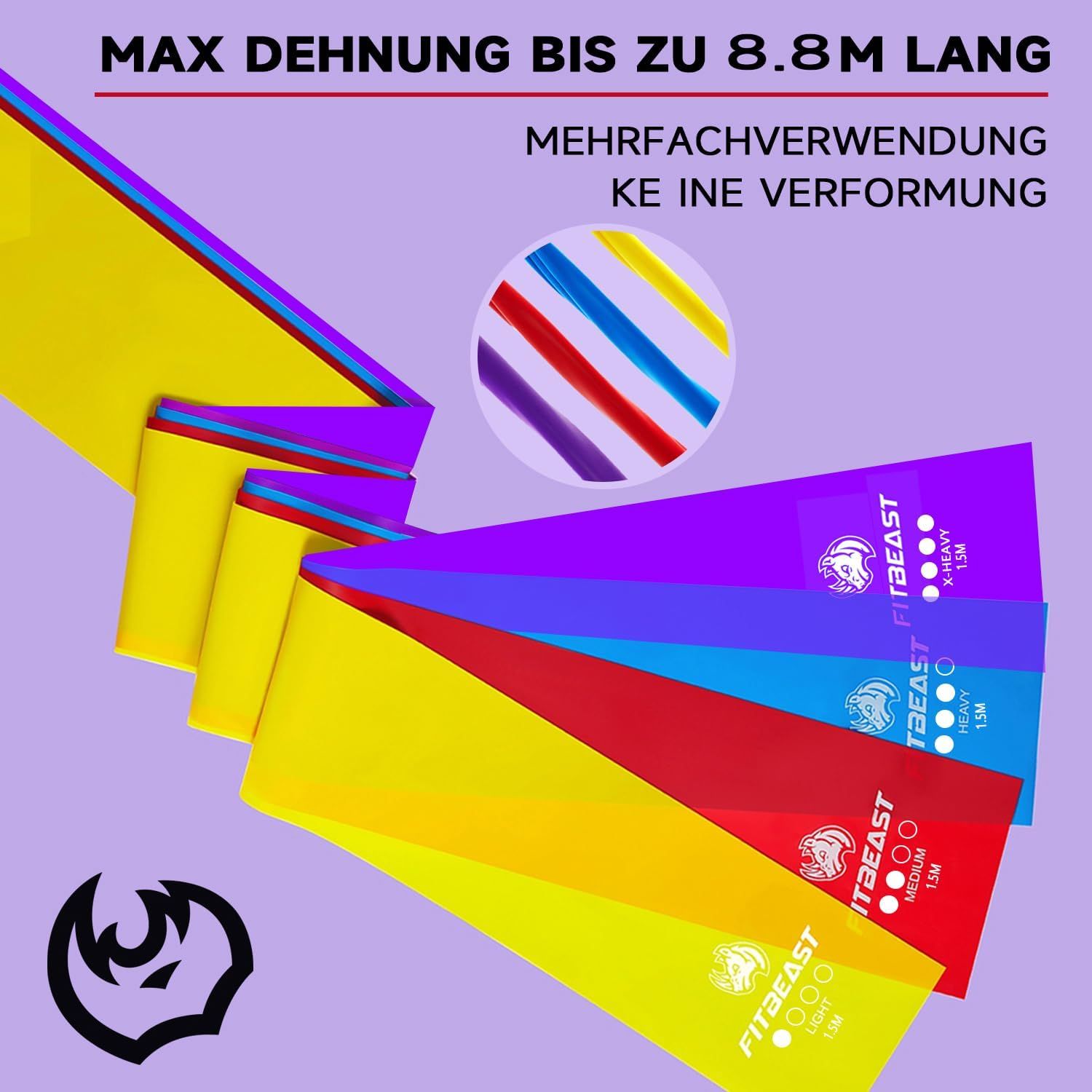 Mehrere farbige Fitnessbänder in verschiedenen Größen und Widerständen.