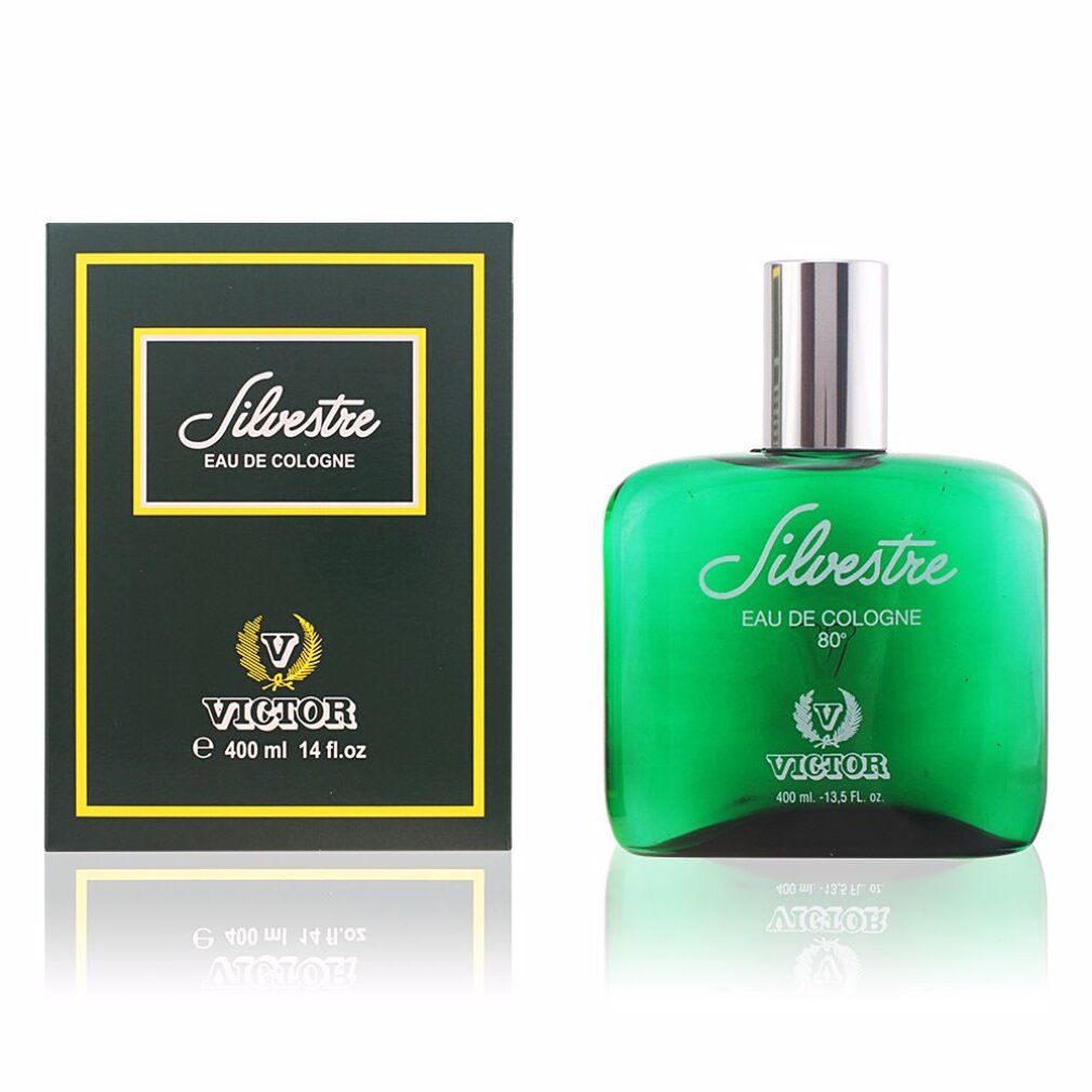 Grüne Flasche und Schachtel. Aufschrift Silvestre Eau de Cologne. Marke Victor. Volumen 400 ml.