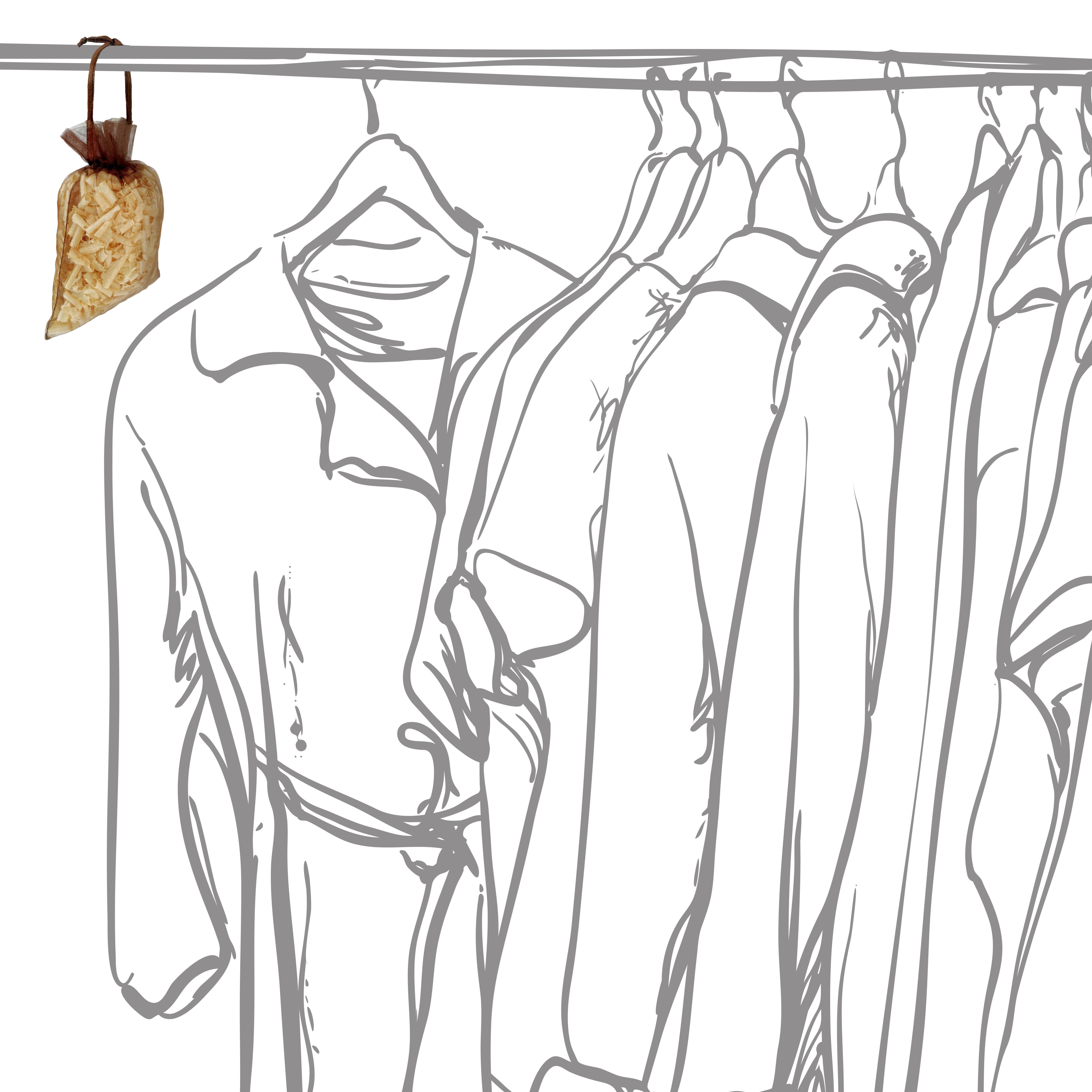 Skizze: Duftsackerl hängt an Kleiderstange. Kleidung in Umrissen dargestellt.