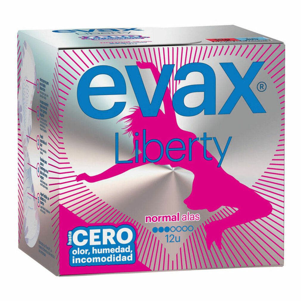Verpackung von Damenbinden. Marke Evax Liberty, Schriftzug und pinke Silhouette einer Frau. 12 Stück, normal mit Flügeln.