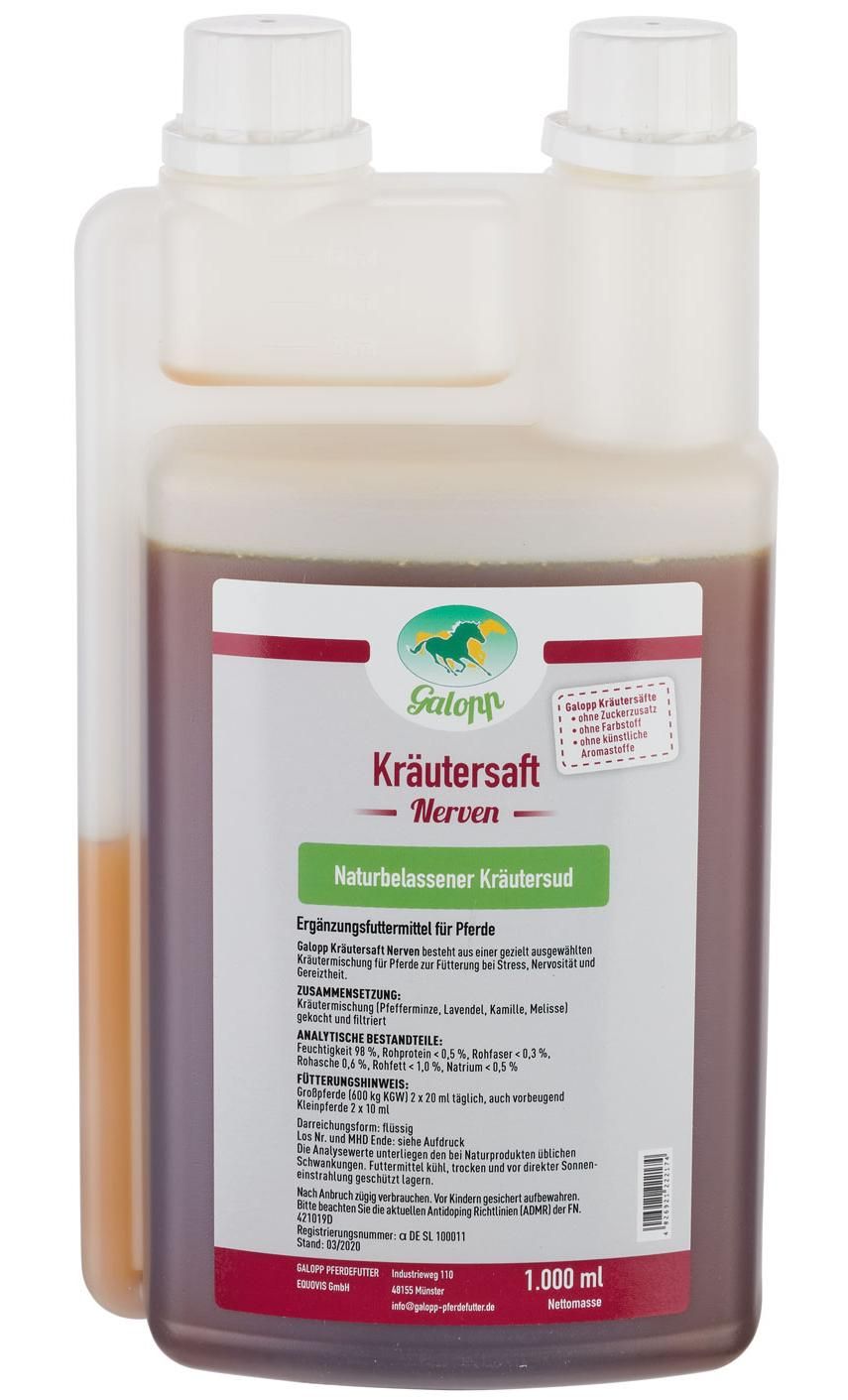 Galopp Kräutersaft Nerven Flasche. Etikett mit Produktinformationen. 1000 ml. Grün-weißes Etikett mit Logo.