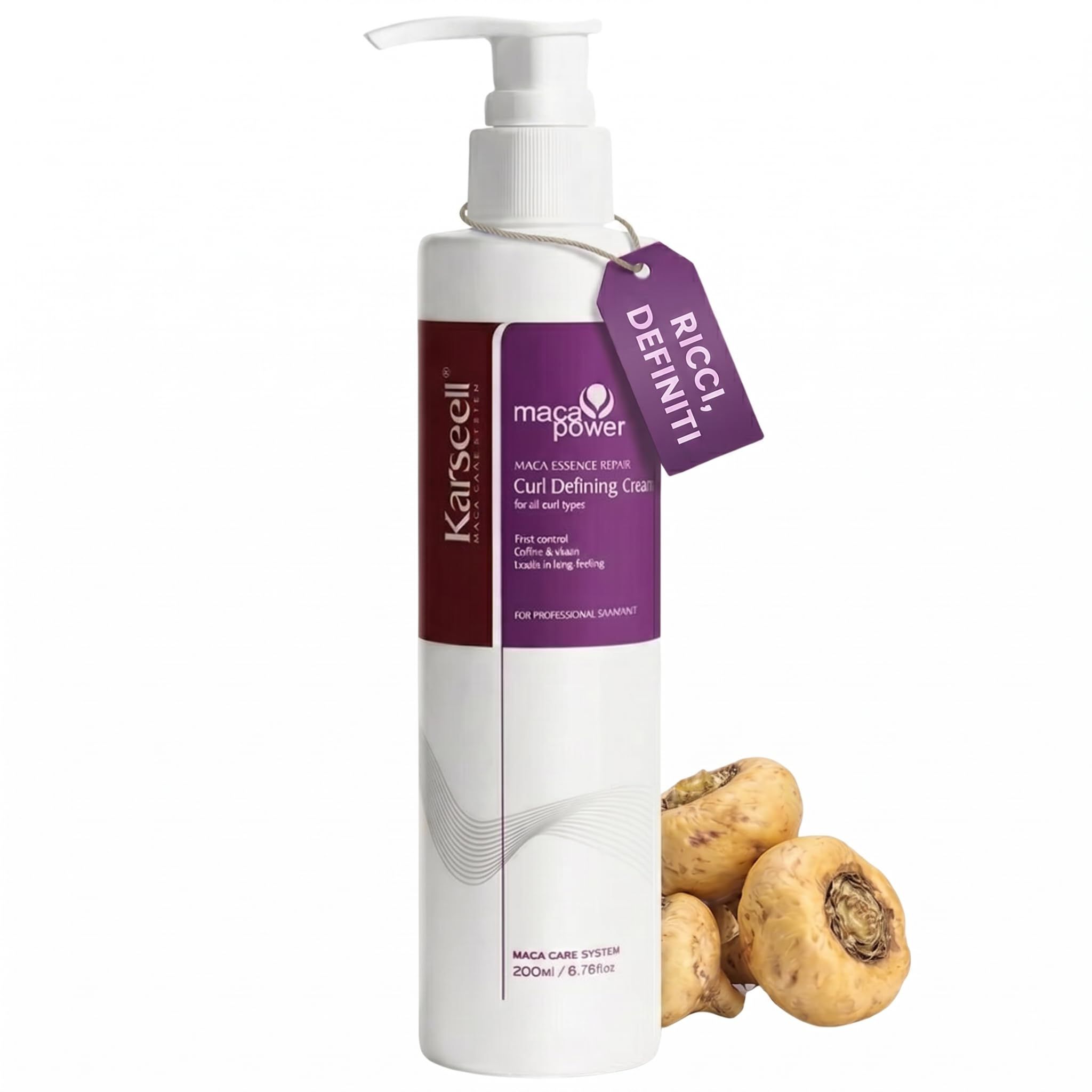 Weiße Pumpflasche mit lila Etikett, "Curl Defining Cream" und Maca-Wurzeln.