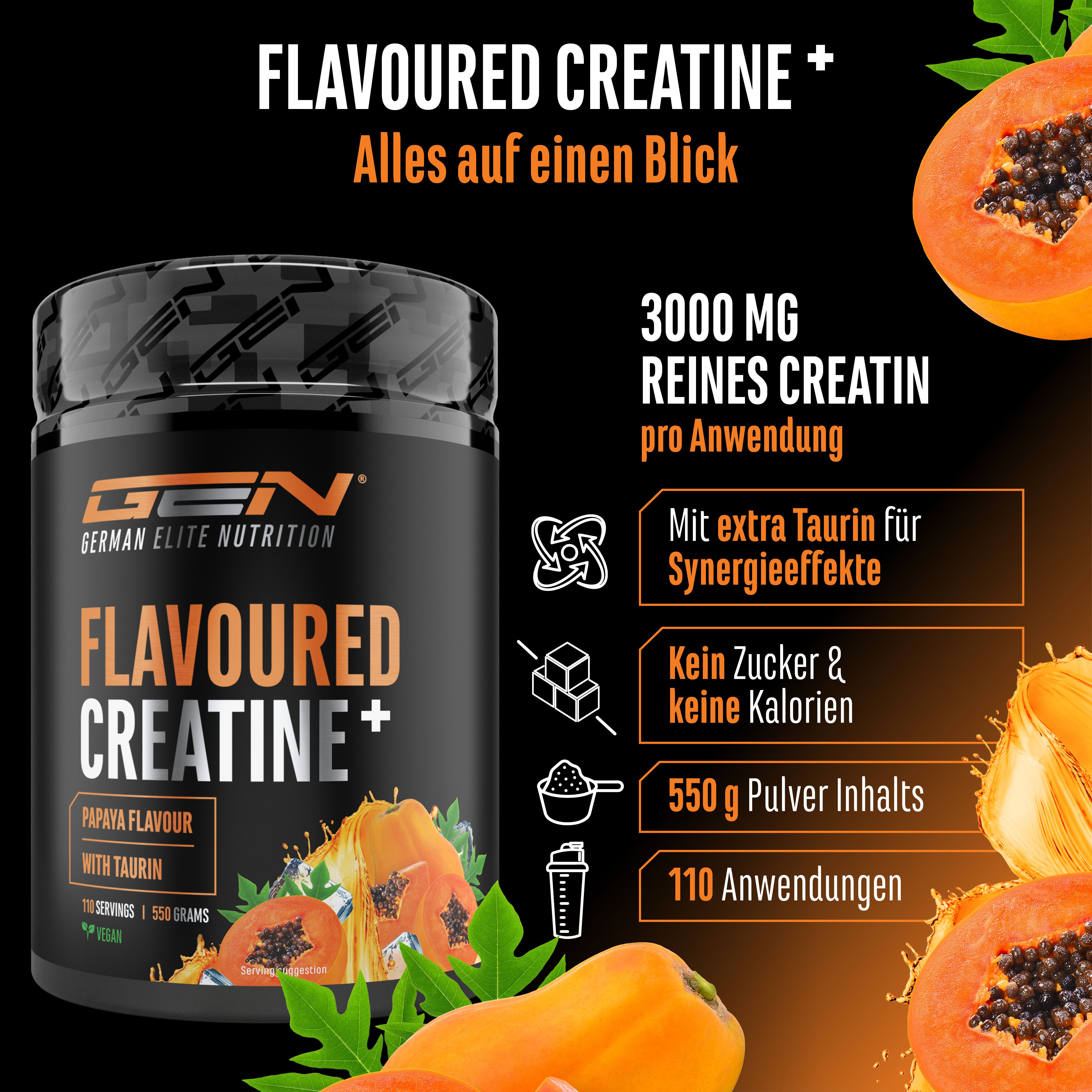 Schwarze Dose mit GEN Flavoured Creatine+. Papaya-Geschmack. 550g Pulver. 110 Anwendungen. Enthält Taurin. Ohne Zucker und Kalorien.