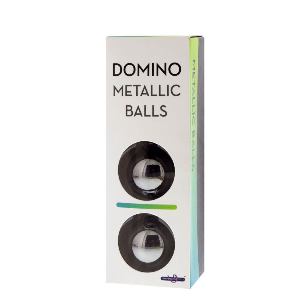 Verpackung mit zwei metallischen Kugeln. Aufschrift: DOMINO METALLIC BALLS. Unterhalb der Kugeln ein grüner Streifen.