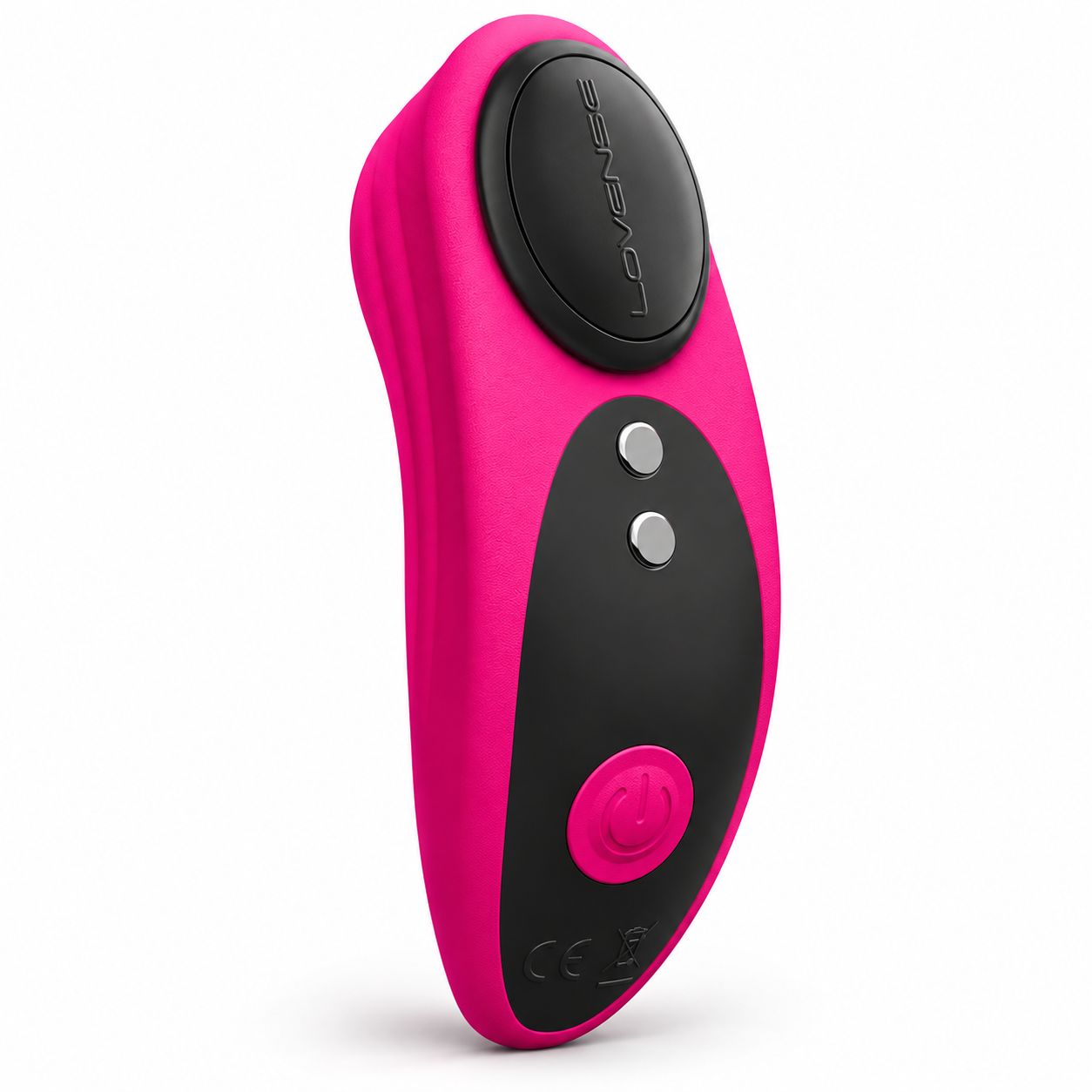 Pinker Fernbedienungs-Controller mit schwarzem Bedienfeld und silbernen Tasten.