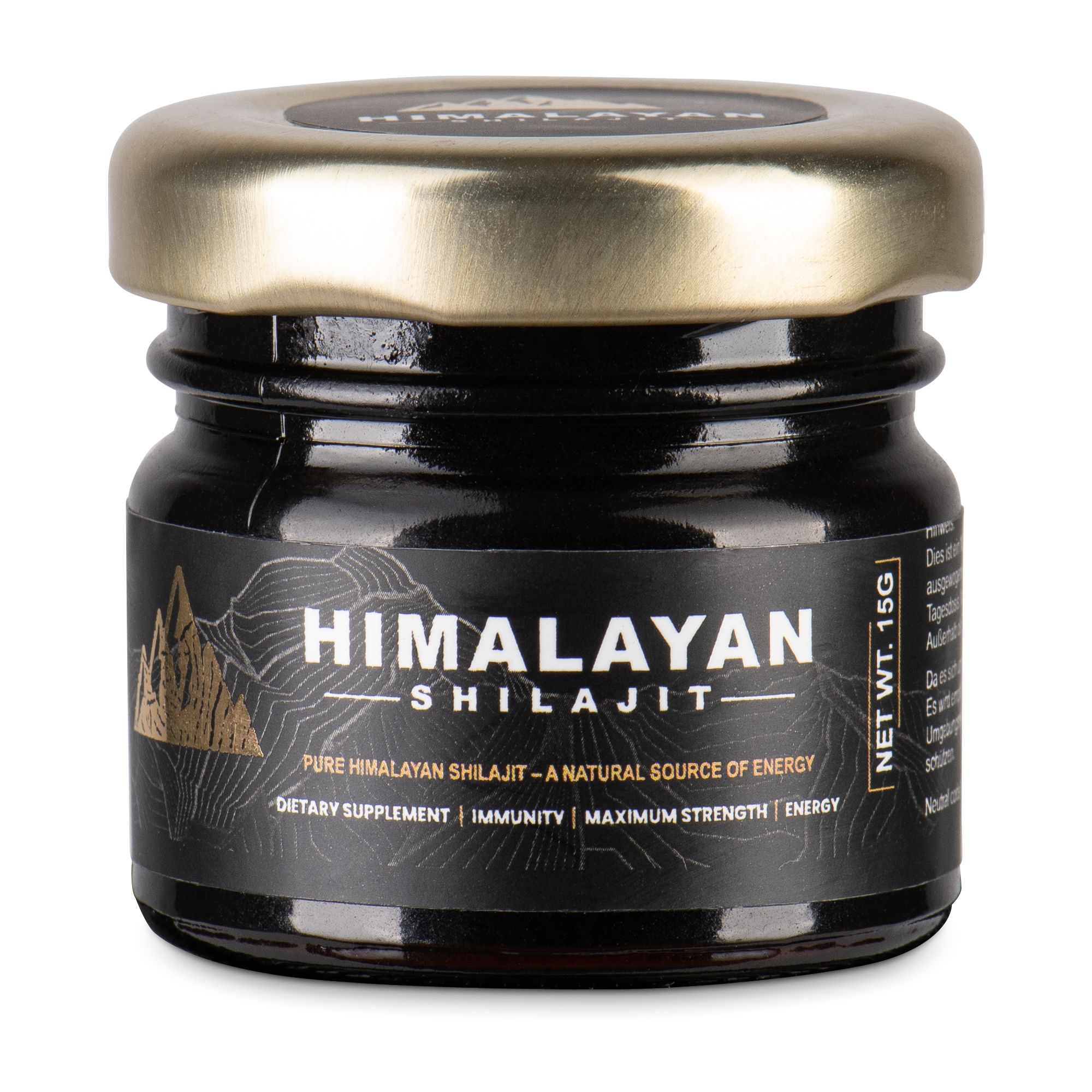 Glasbehälter mit schwarzem Inhalt und goldenem Deckel. Etikett mit "Himalayan Shilajit" und Produktinformationen.