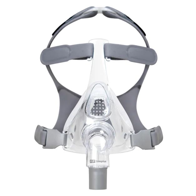 CPAP-Maske mit Kopfteil und transparentem Kissenteil, Vorderansicht.