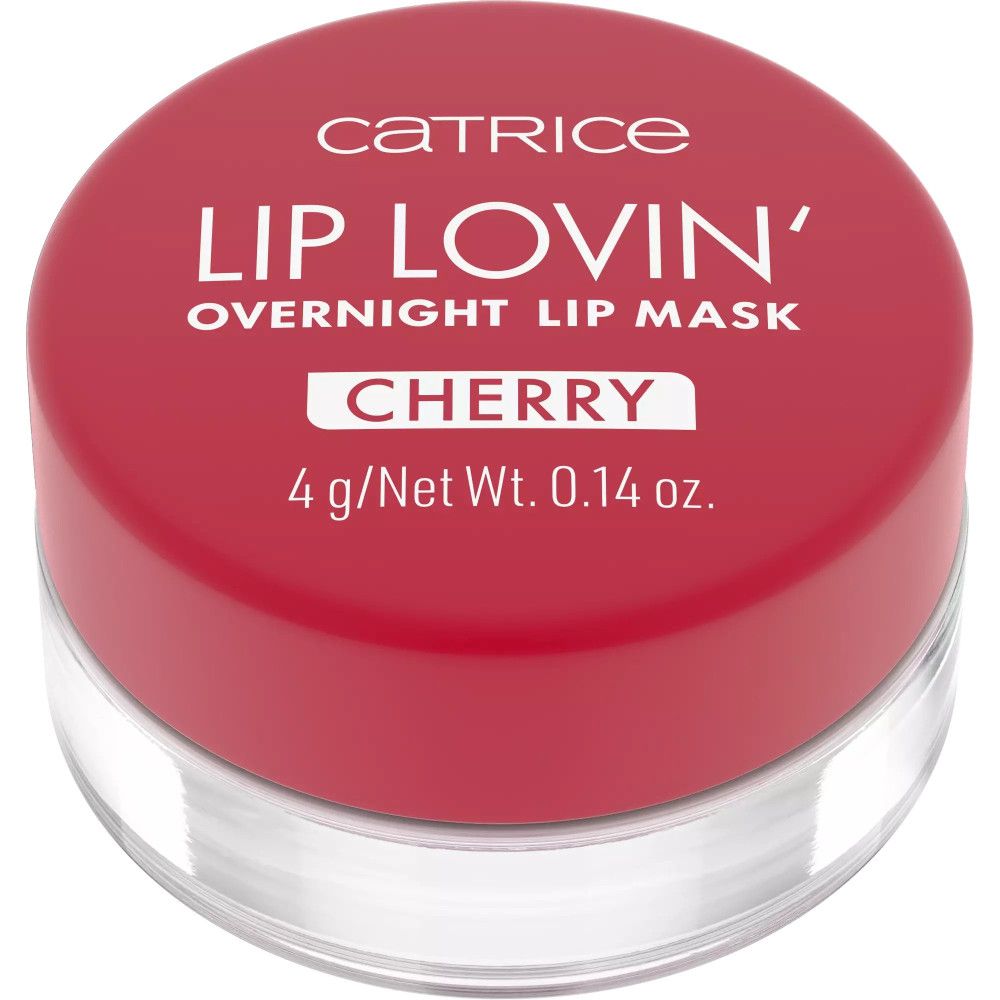 Runde Dose mit rotem Deckel. Aufschrift: Catrice, Lip Lovin' Overnight Lip Mask, Cherry. Inhalt: 4 g/Net Wt. 0.14 oz. Klare Dose.