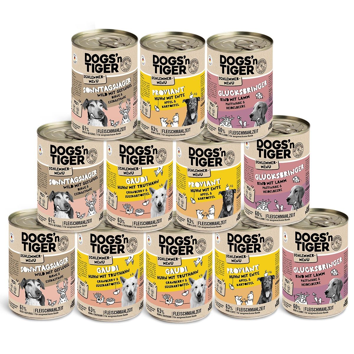 Mehrere Dosen Hundefutter, Schlemmerpaket, verschiedene Sorten. Aufschrift: Dogs'n Tiger.