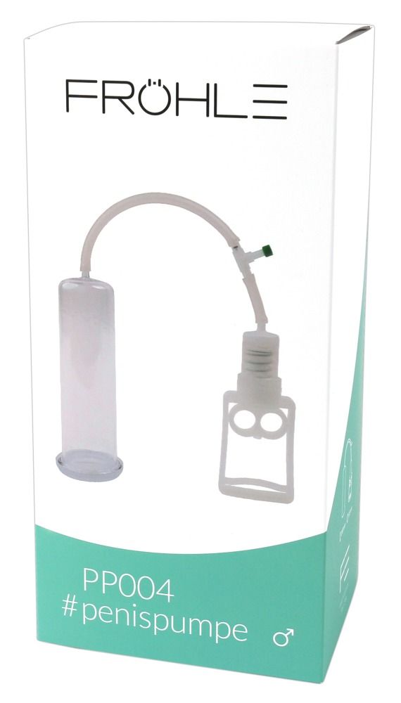 Fröhle Penis Pumpe mit Zylinder, Schlauch und Pumpenmechanismus auf weißem Hintergrund.