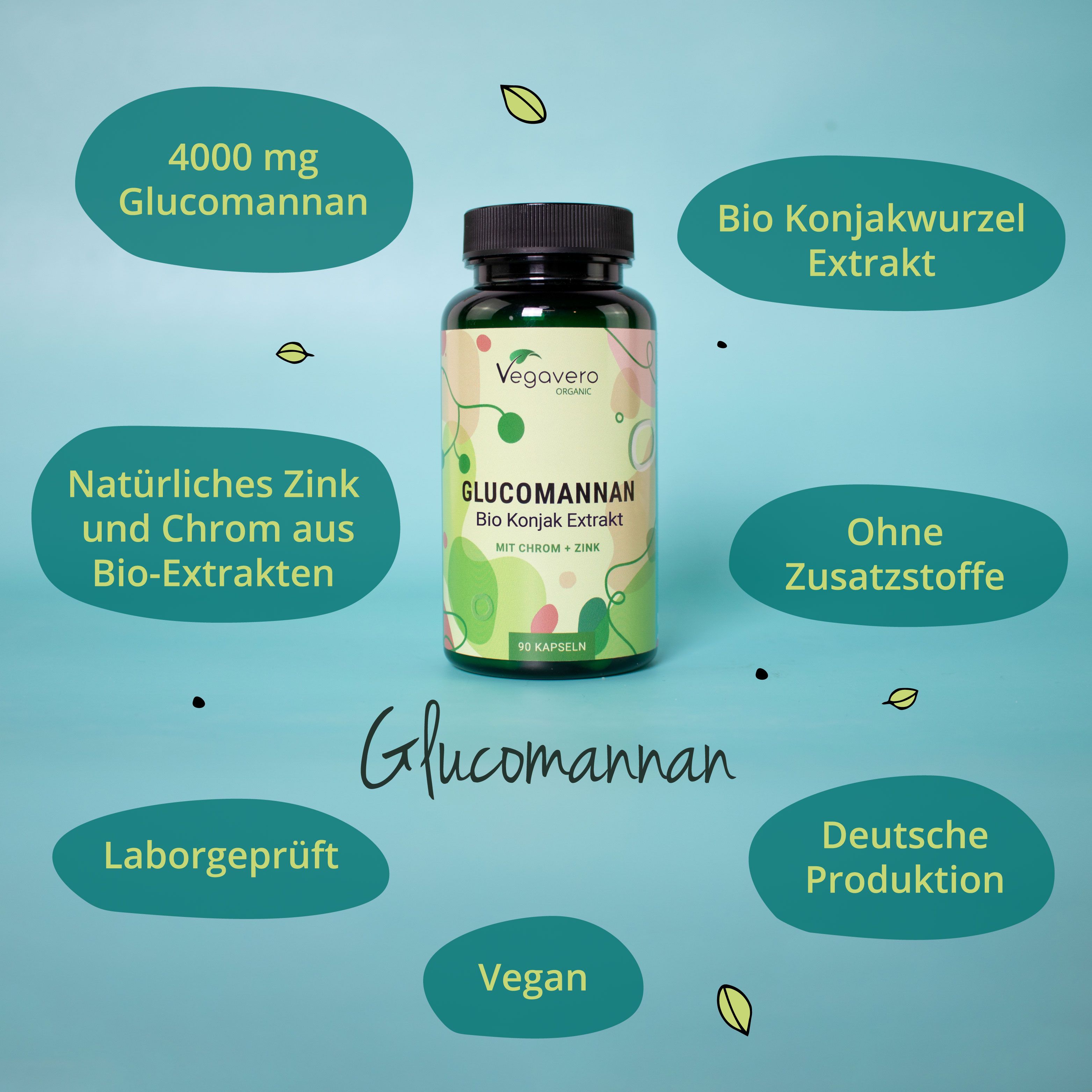 Flasche mit Kapseln, umgeben von Textblasen. Enthält Informationen über Glucomannan, Bio Konjak Extrakt, Zink, Chrom, und Vegan.