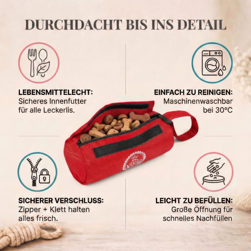 Roter Futterbeutel mit Handschlaufe, geöffnet. Text: Lebensmittelecht, leicht zu befüllen, sicherer Verschluss, einfach zu reinigen.