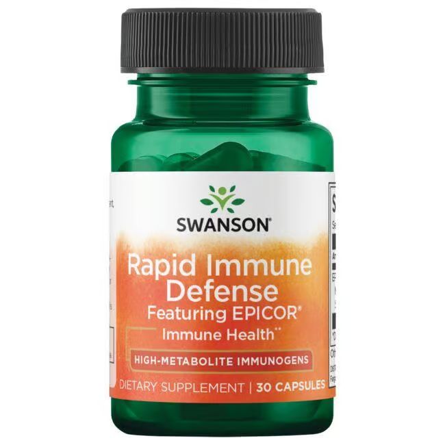Grüne Flasche mit schwarzen Deckel. Aufschrift: SWANSON Rapid Immune Defense, EpiCor, 30 Kapseln.