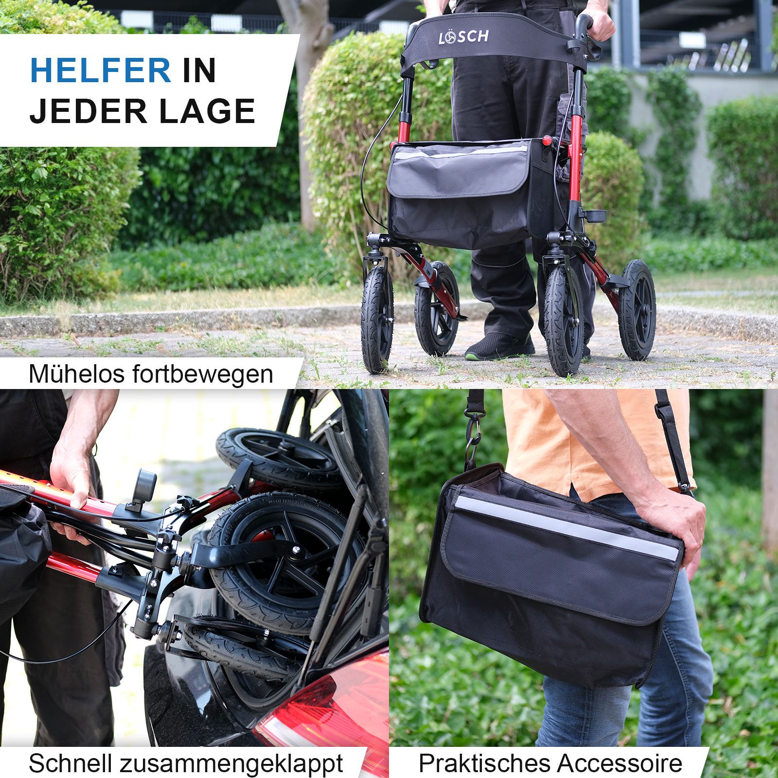 Rollator mit rotem Rahmen, schwarzem Sitz und Tasche. Zusammengeklappt und mit Tasche.