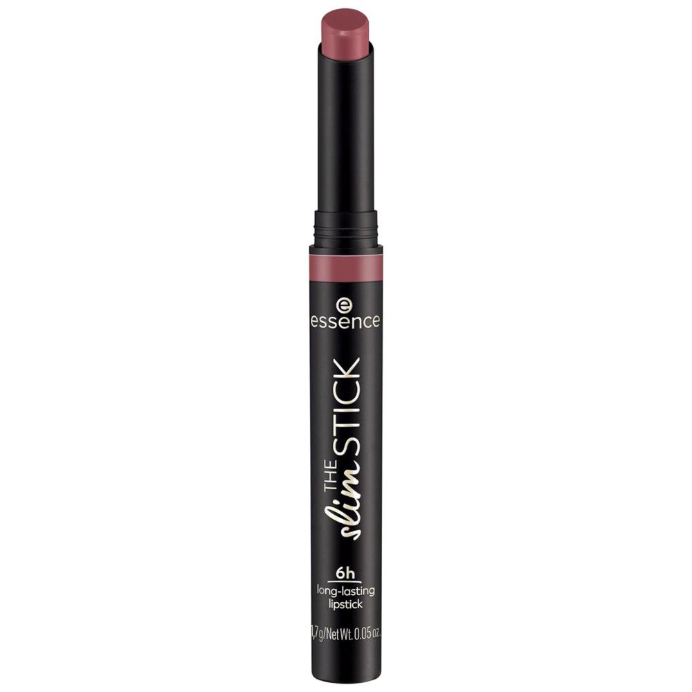 Essence The Slim Stick Lippenstift. Schwarze Hülse, rosafarbener Lippenstift. Aufschrift: 6h long-lasting lipstick.