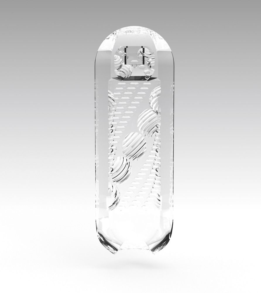 TENGA Spinner Beads 05: Transparenter Behälter mit orangefarbenen Spiralen und inneren Perlen.