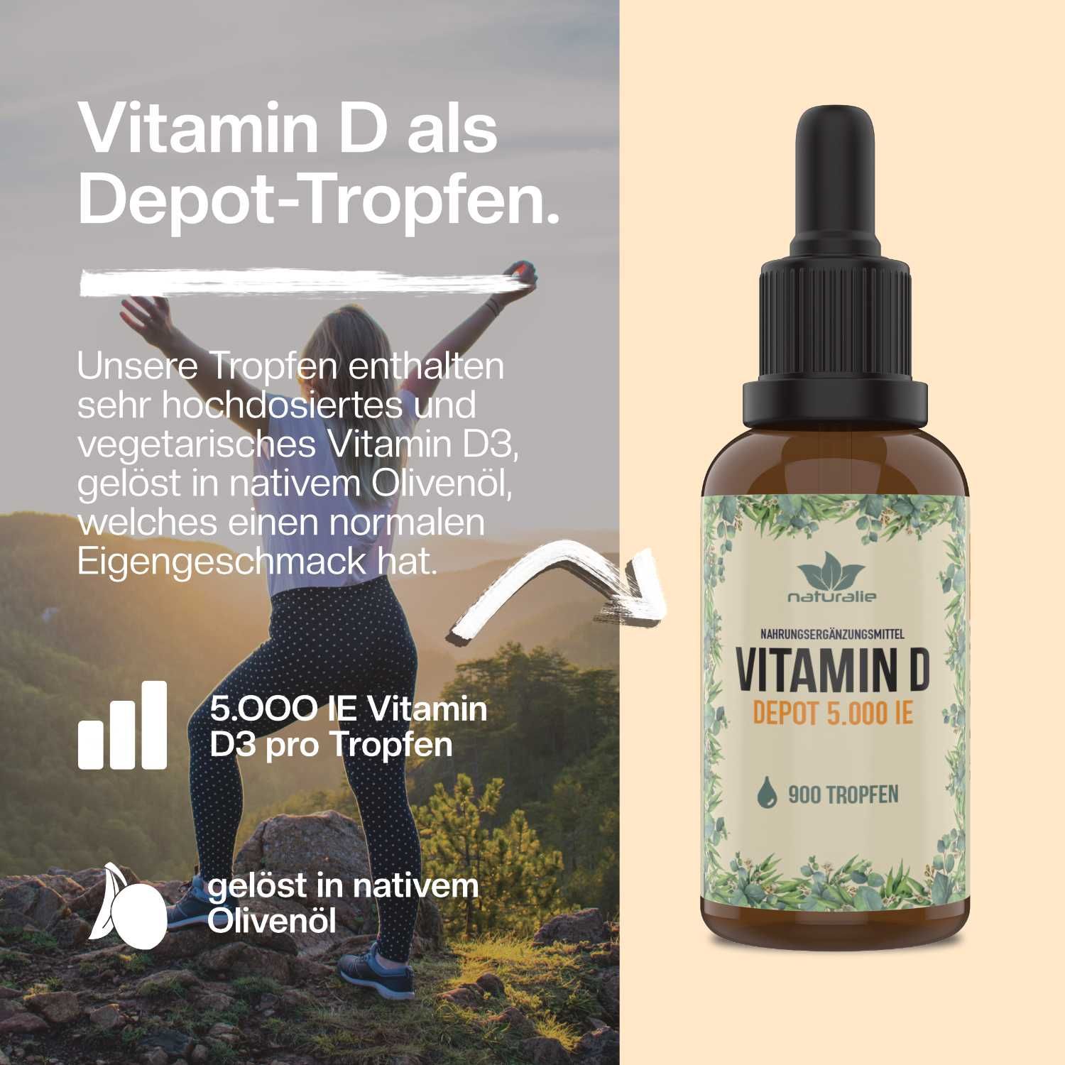 Frau auf einem Berg bei Sonnenuntergang. Daneben eine Flasche Vitamin D Depot.