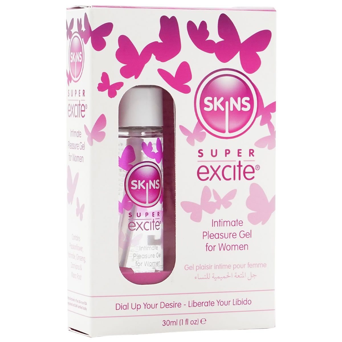 Produktverpackung mit Flasche. Aufschrift: Skins Super Excite, Intimate Pleasure Gel for Women. Rosa Schmetterlingsmuster.