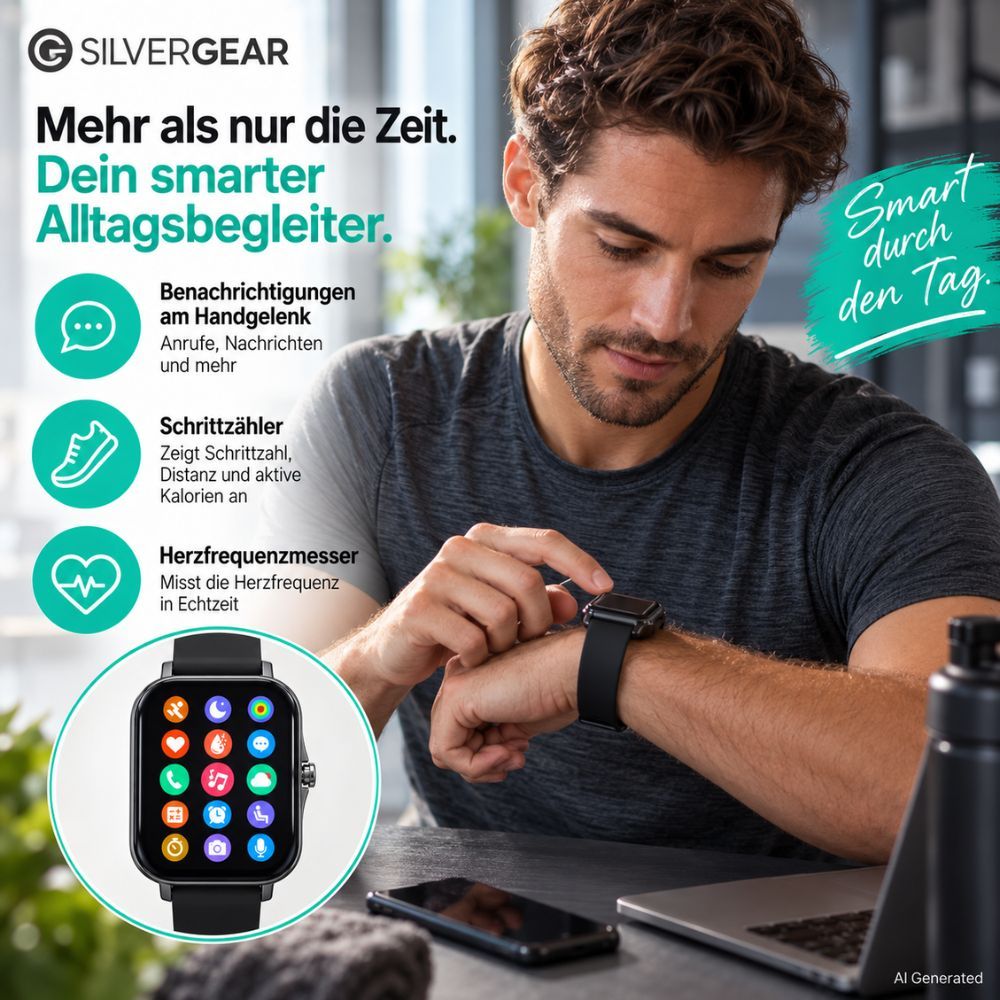 Silvergear Sports Smartwatch – Fitness-Tracker mit Herzfrequenz, SpO₂ & Schlaftracking - Schwarz