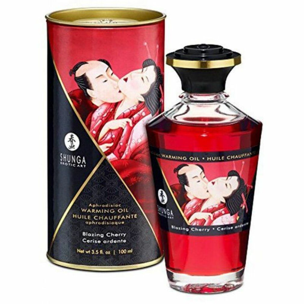 Rote Glasflasche und Dose mit Etiketten. Kirschöl. Aufdruck: Shunga, Blazing Cherry.